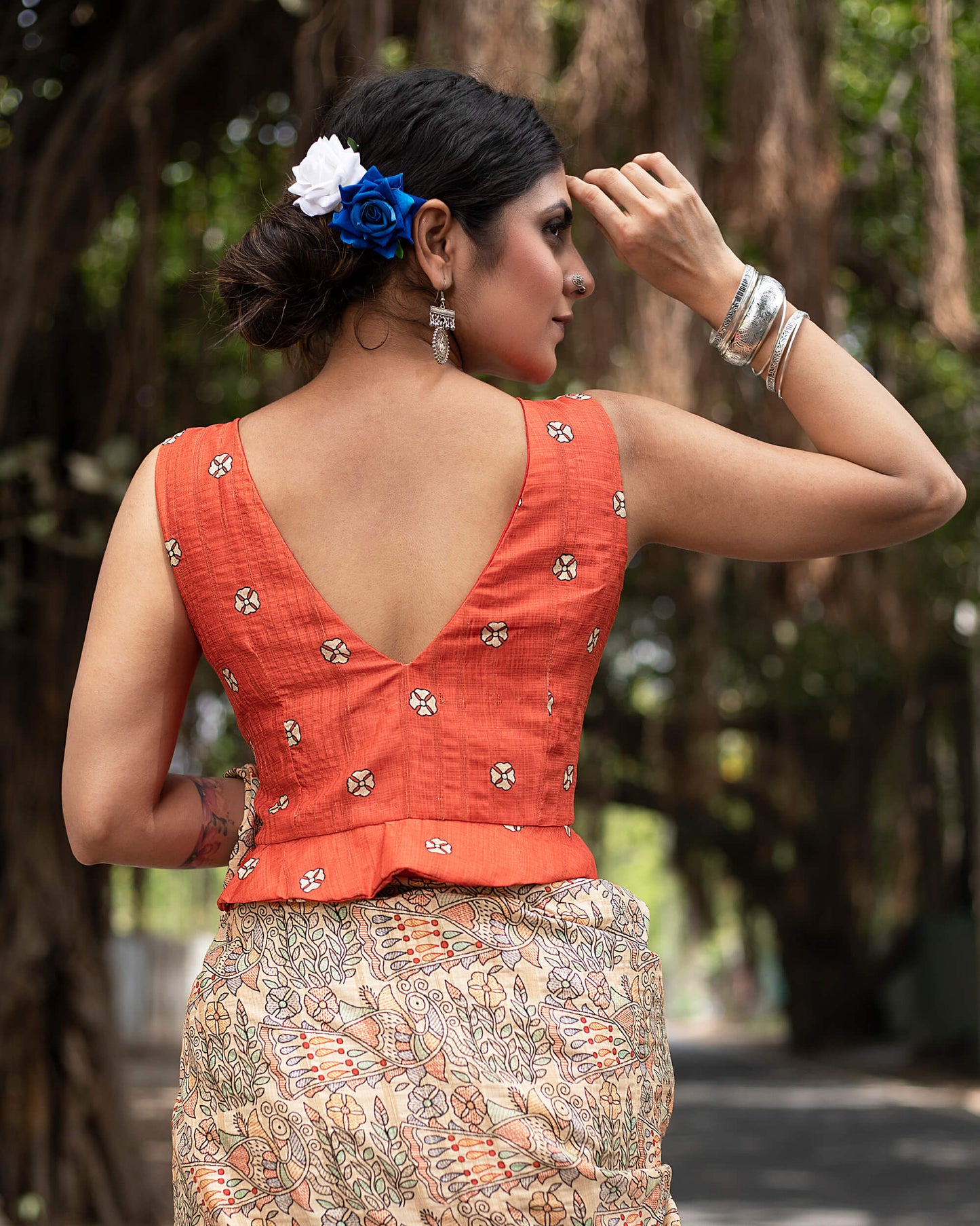 Amber Orange And Oat Beige Madhuvanii Pattern Digital Print Art Tusser Silk Saree With Tassels