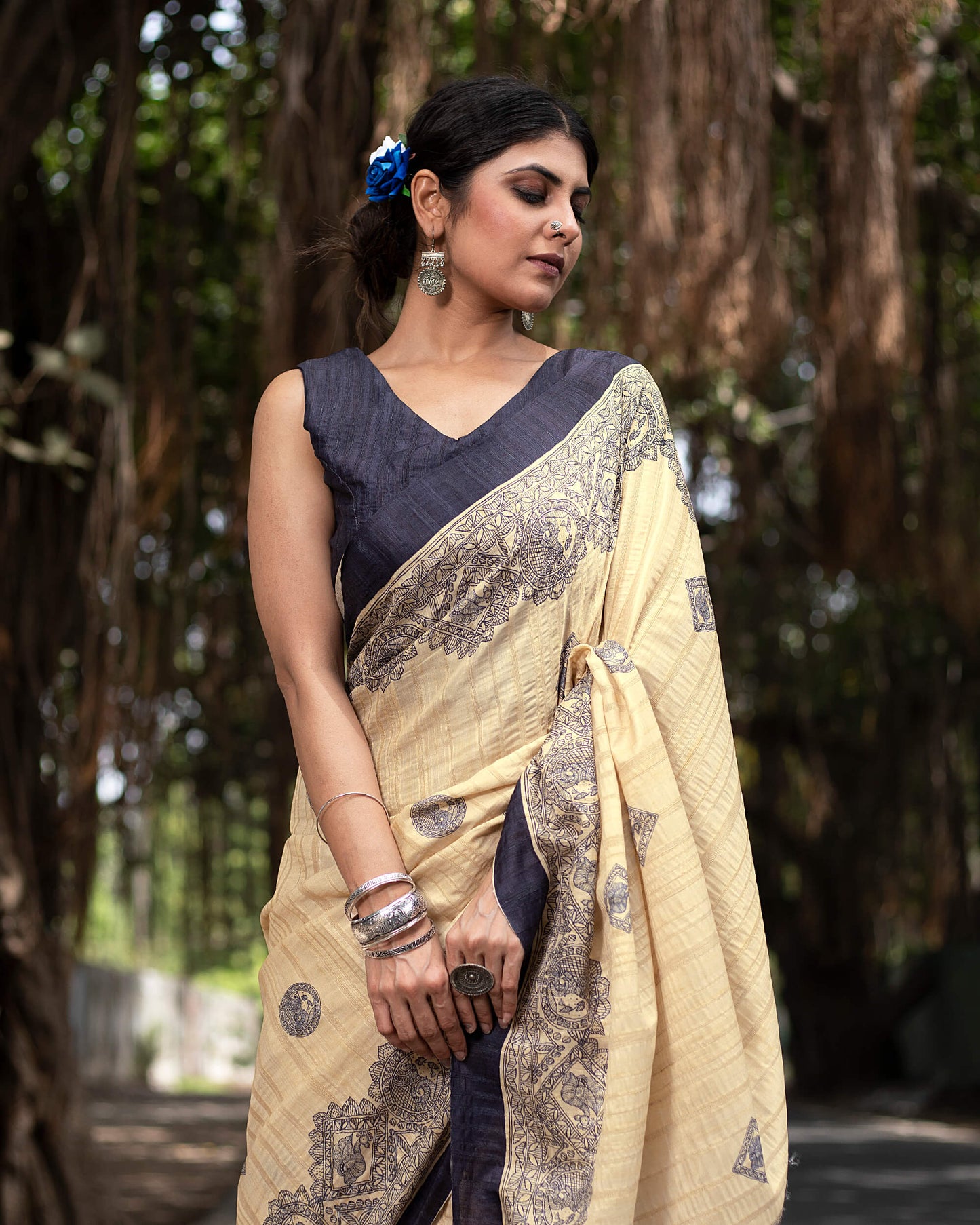 Ecru Beige And Navy Blue Madhuvanii Pattern Digital Print Art Tusser Silk Saree With Tassels
