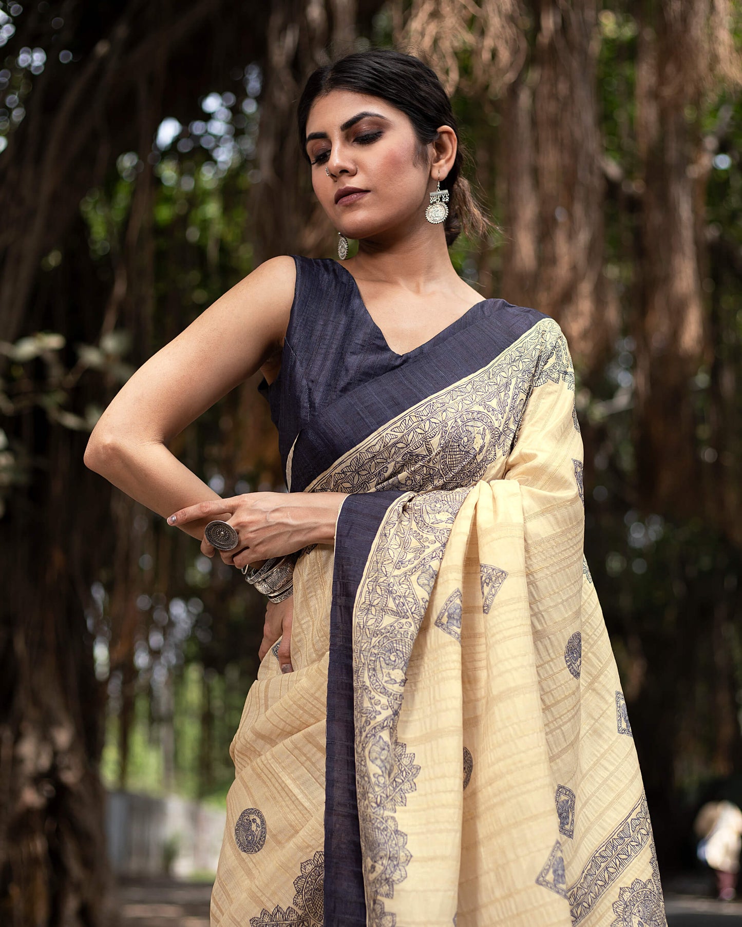 Ecru Beige And Navy Blue Madhuvanii Pattern Digital Print Art Tusser Silk Saree With Tassels