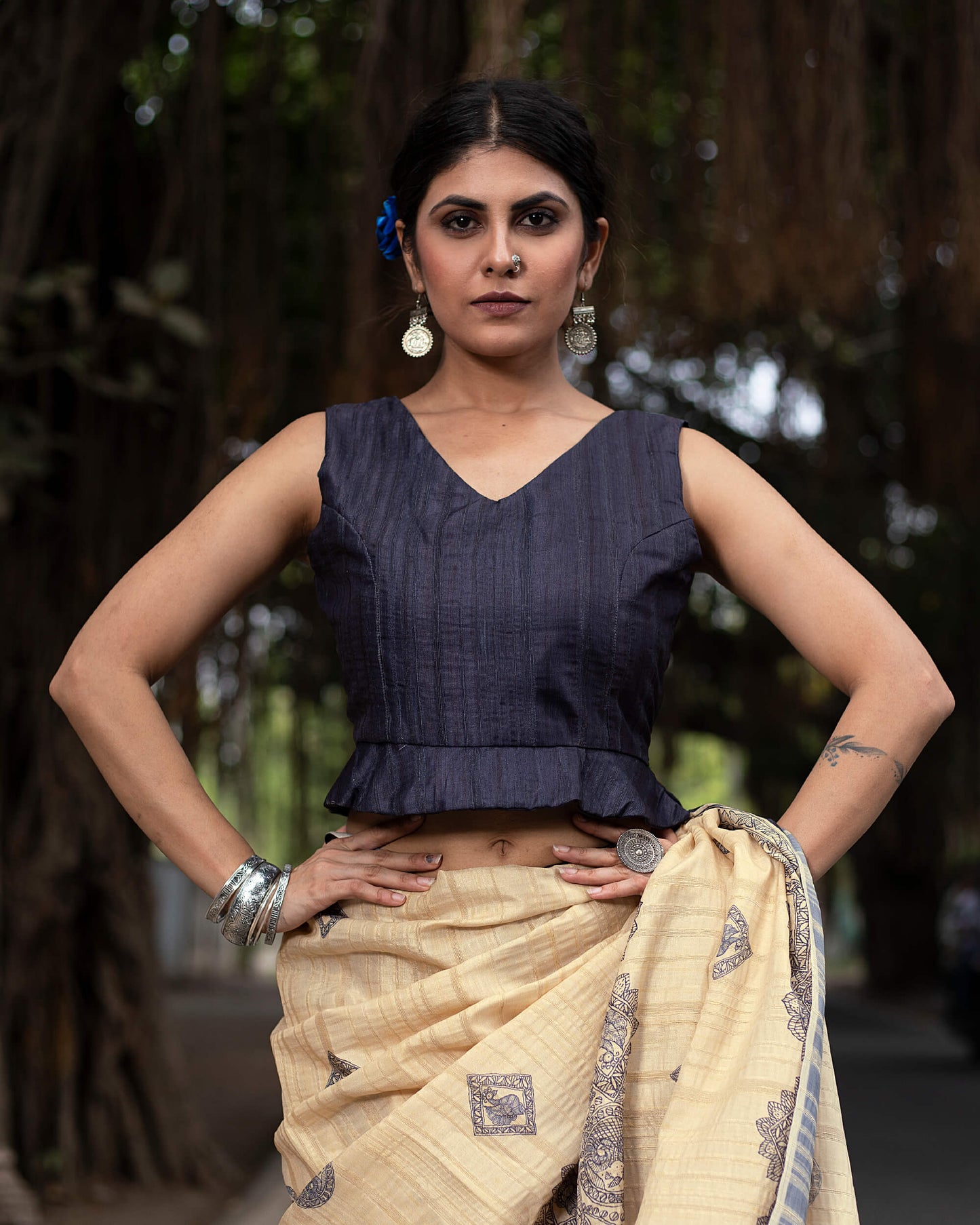 Ecru Beige And Navy Blue Madhuvanii Pattern Digital Print Art Tusser Silk Saree With Tassels