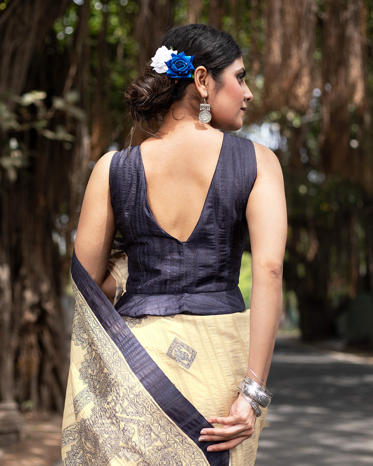 Ecru Beige And Navy Blue Madhuvanii Pattern Digital Print Art Tusser Silk Saree With Tassels