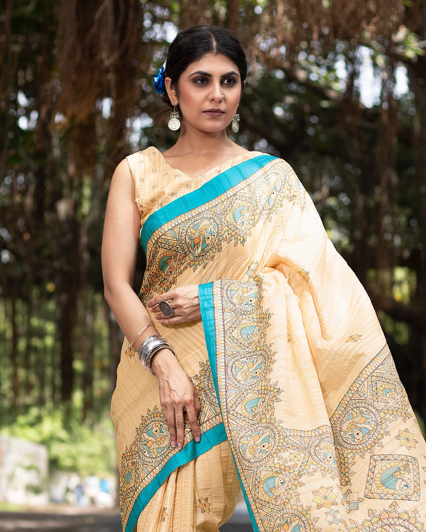 Pastle Peach And Cerulean Blue Madhuvanii Pattern Digital Print Art Tusser Silk Saree With Tassels