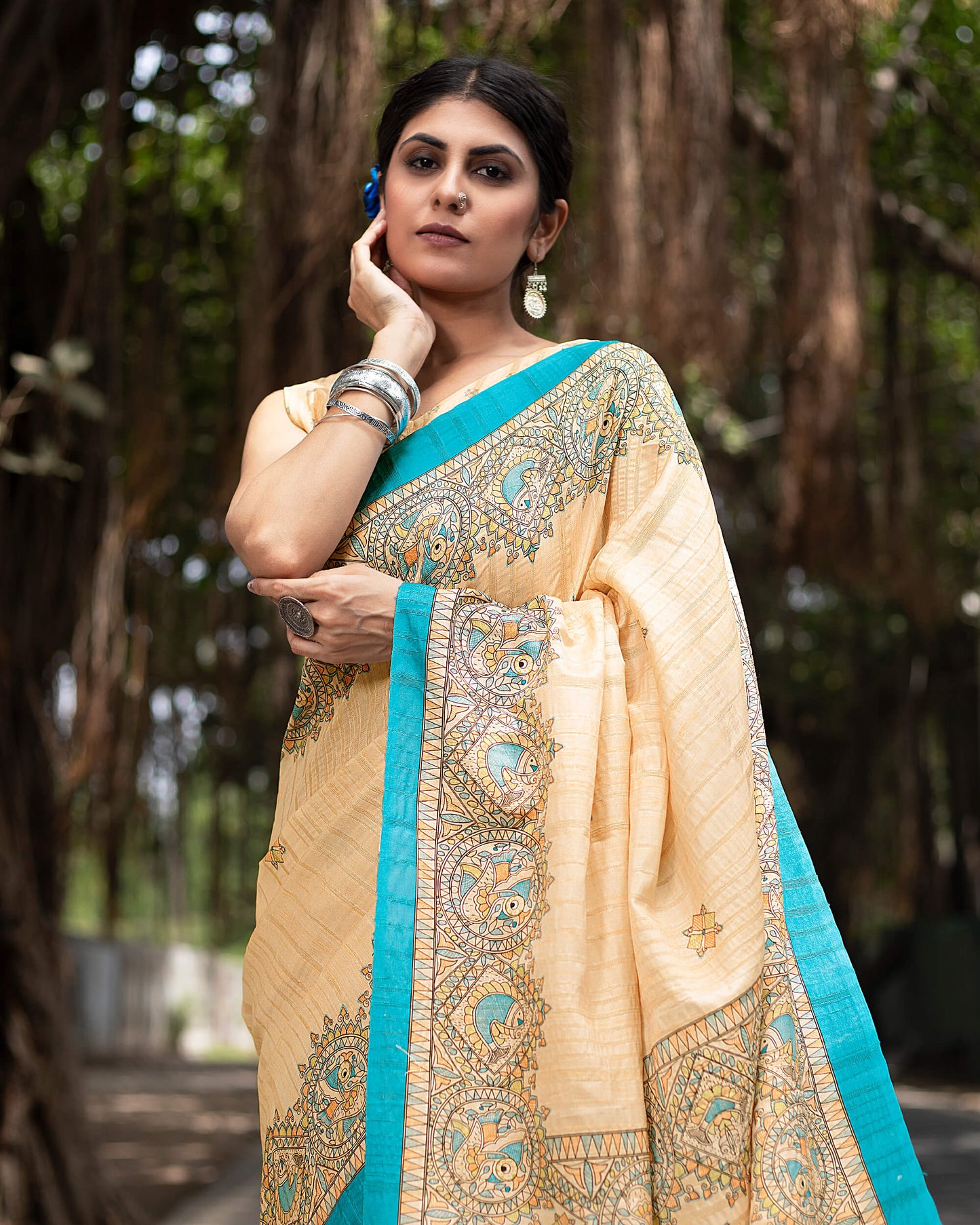 Pastle Peach And Cerulean Blue Madhuvanii Pattern Digital Print Art Tusser Silk Saree With Tassels
