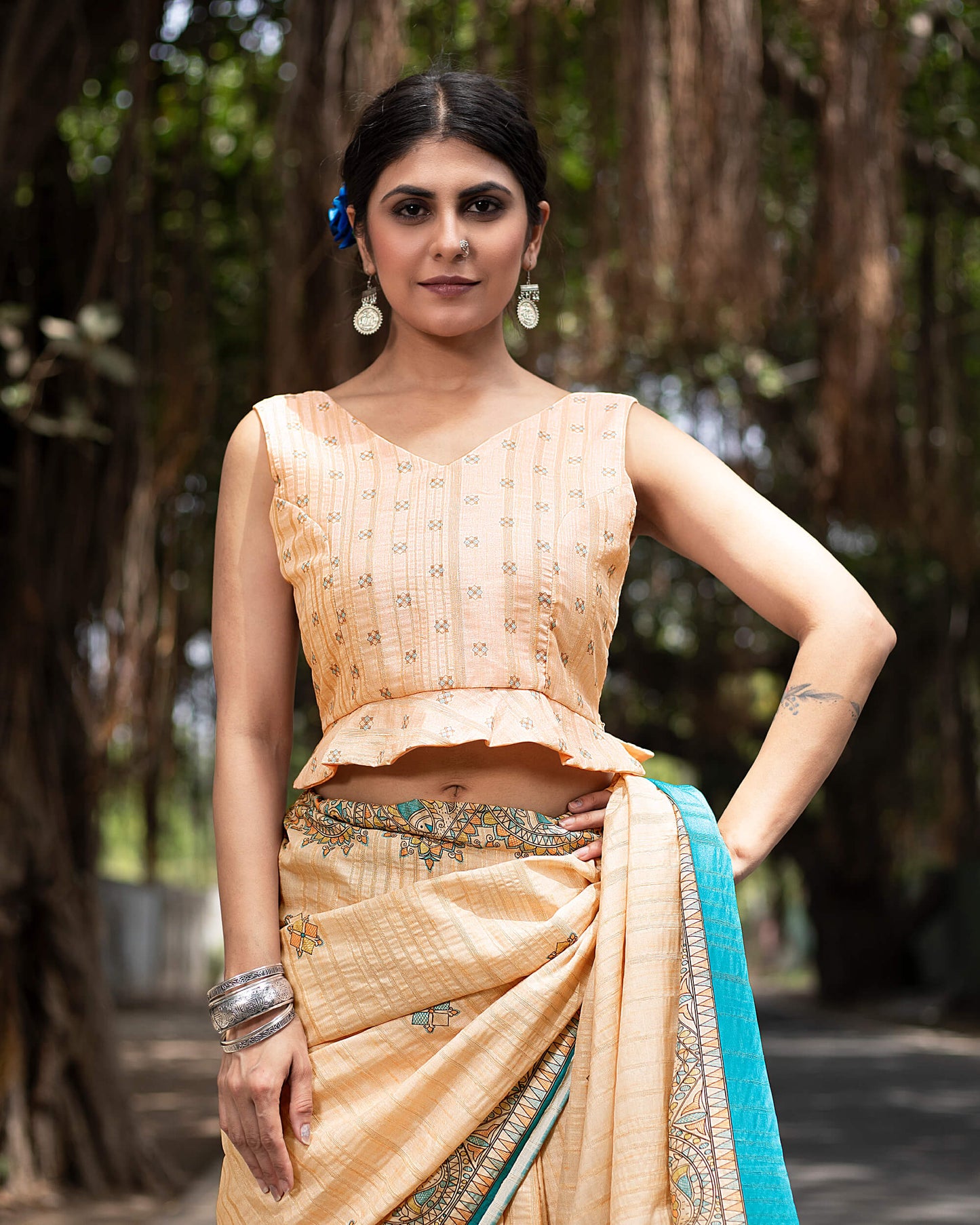 Pastle Peach And Cerulean Blue Madhuvanii Pattern Digital Print Art Tusser Silk Saree With Tassels