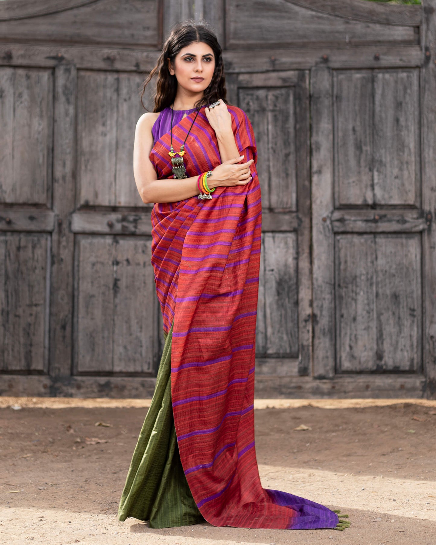 Sangria Red And Army Green Stripes Pattern Digital Print Art Tusser Silk Saree With Tassels