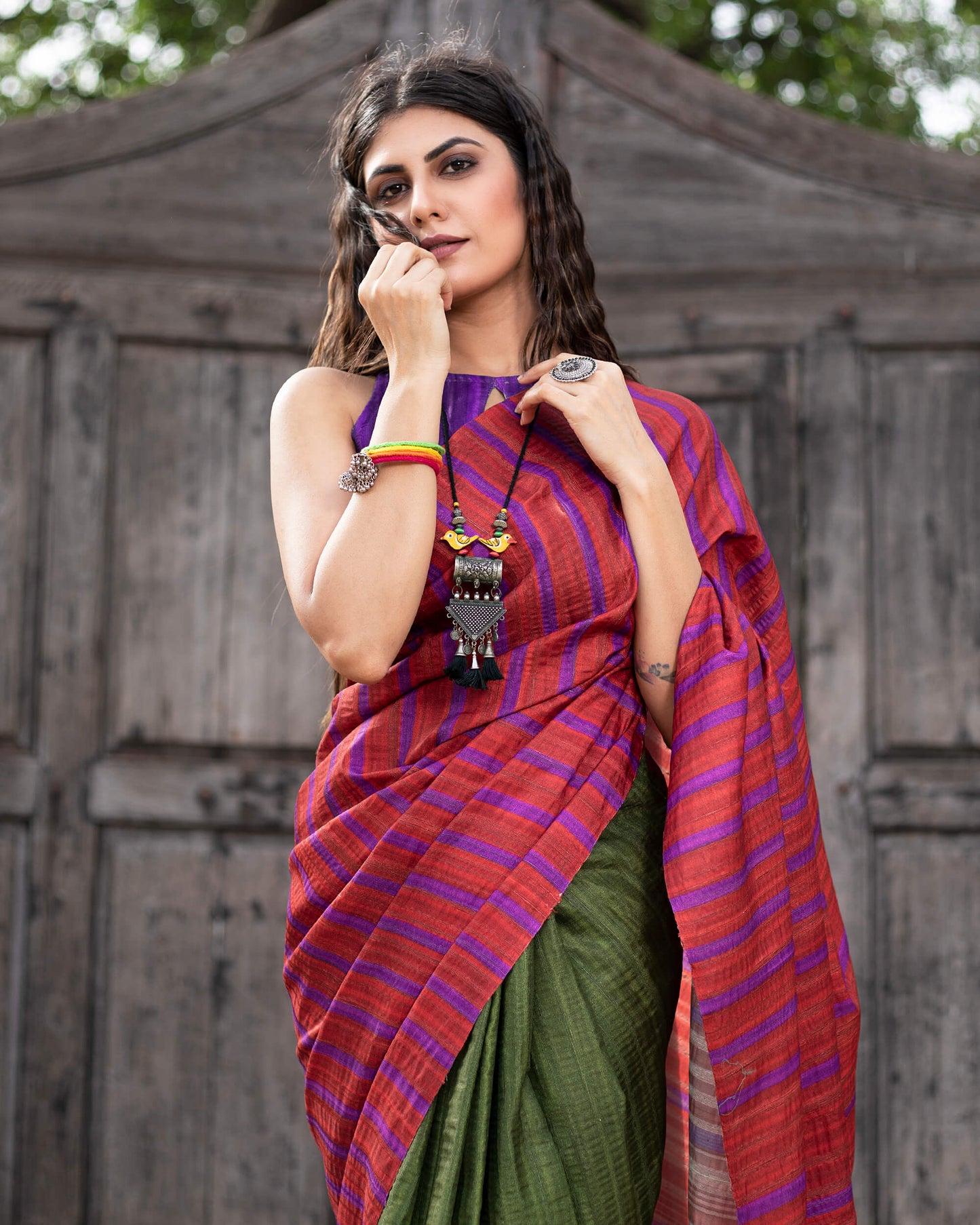 Sangria Red And Army Green Stripes Pattern Digital Print Art Tusser Silk Saree With Tassels