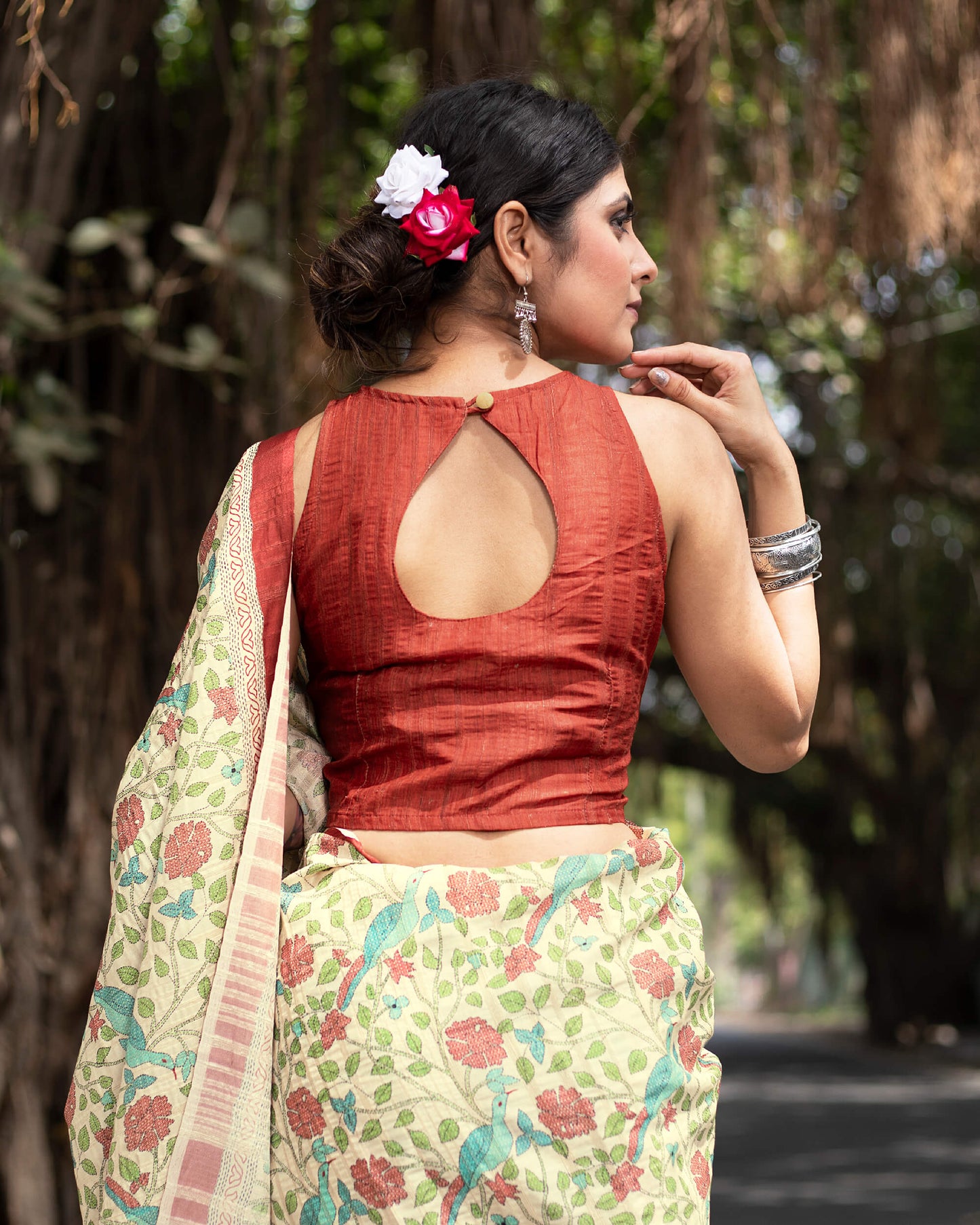 Ecru Beige And Mahogany Red Kalamkrii Pattern Digital Print Art Tusser Silk Saree With Tassels