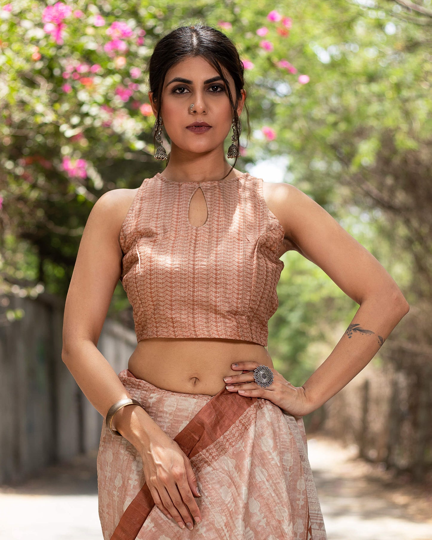 Brick Brown And White Booti Pattern Digital Print Art Tusser Silk Saree With Tassels