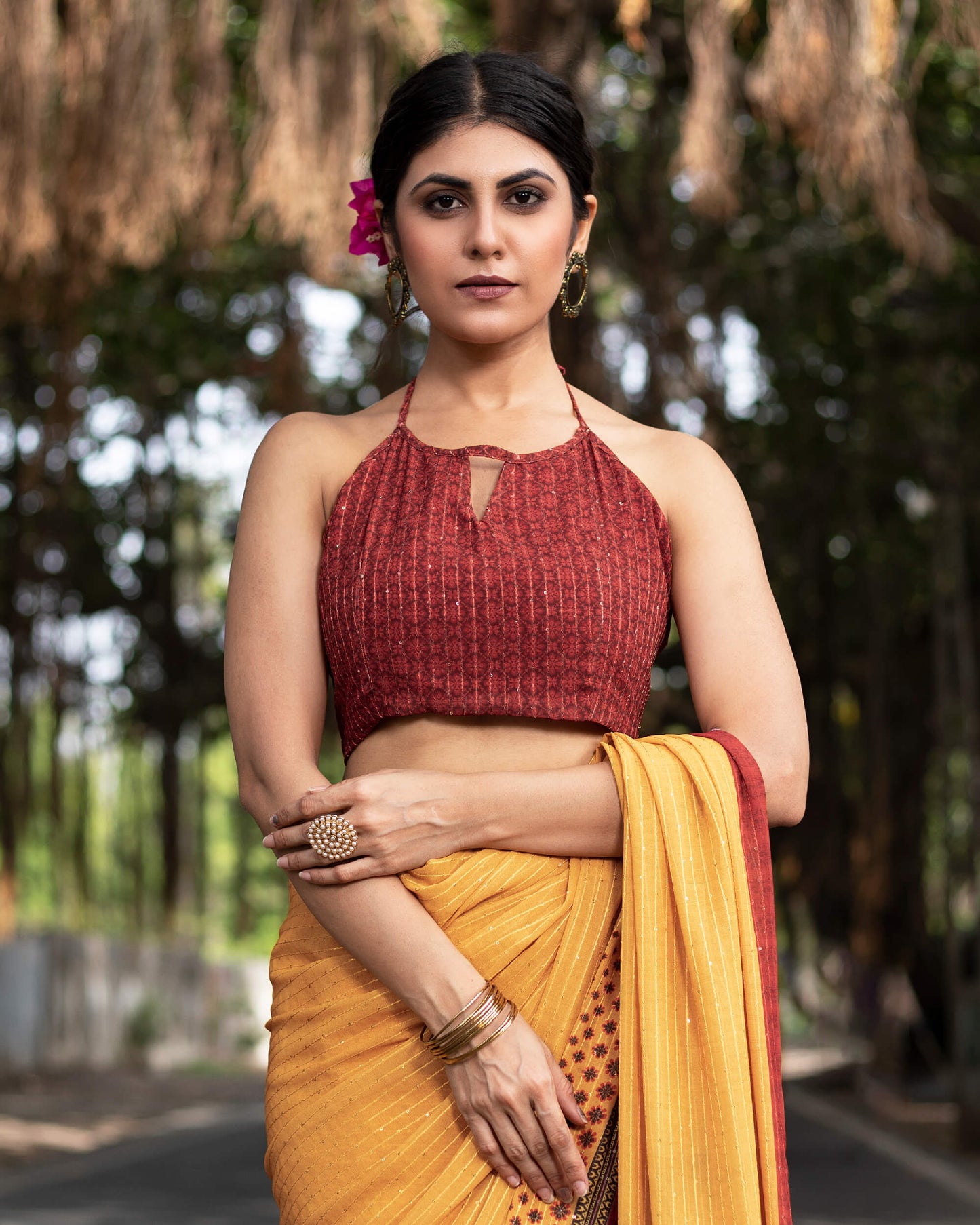 Merigold Yellow And Black Quirky Pattern Premium Sequins Georgette Saree With Tassels