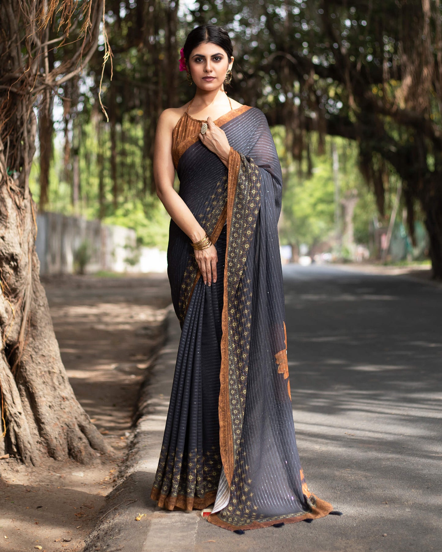 Dark Blue And White Quirky Pattern Premium Sequins Georgette Saree With Tassels