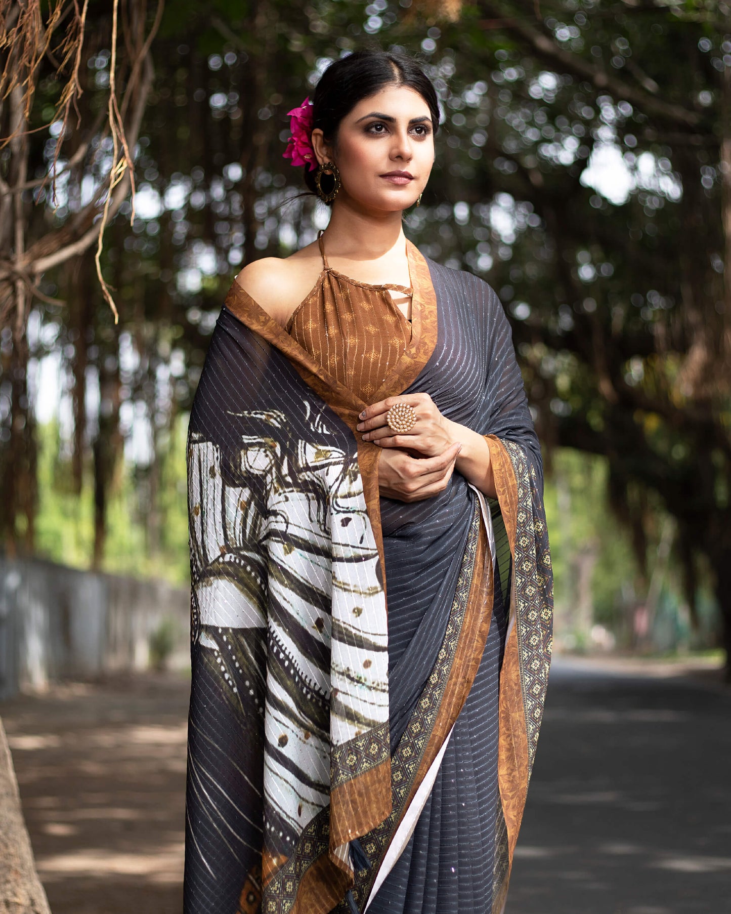 Dark Blue And White Quirky Pattern Premium Sequins Georgette Saree With Tassels