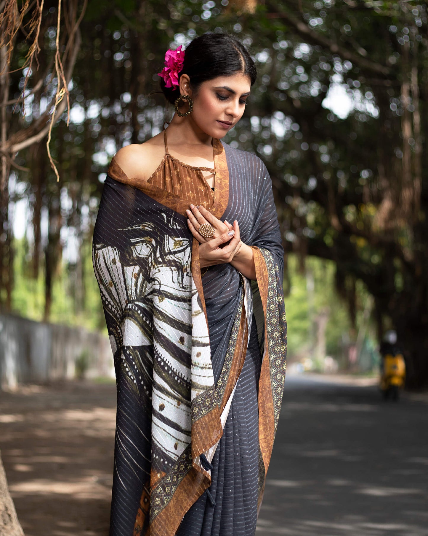 Dark Blue And White Quirky Pattern Premium Sequins Georgette Saree With Tassels