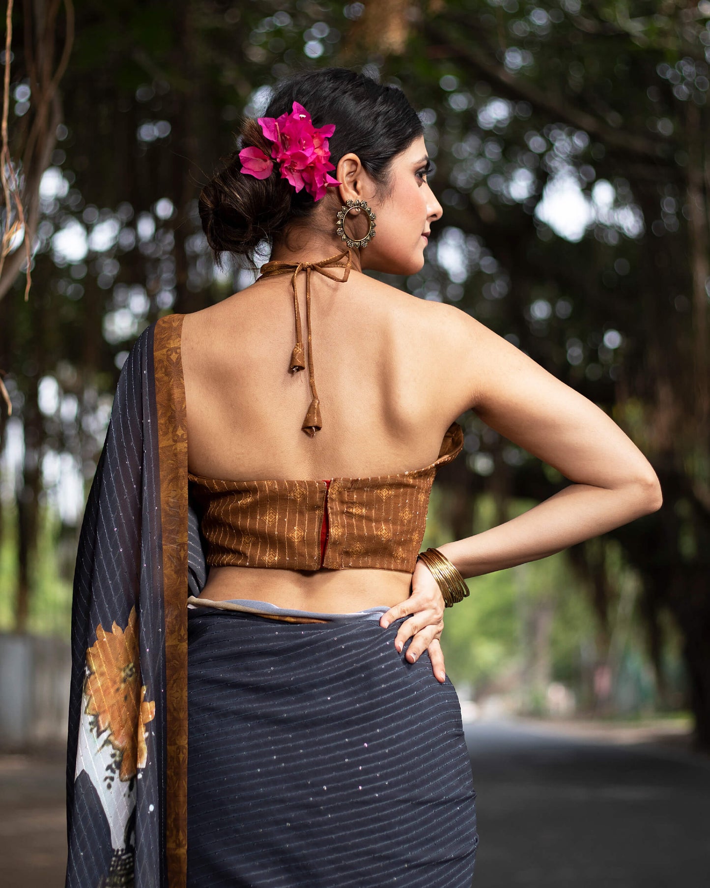 Dark Blue And White Quirky Pattern Premium Sequins Georgette Saree With Tassels