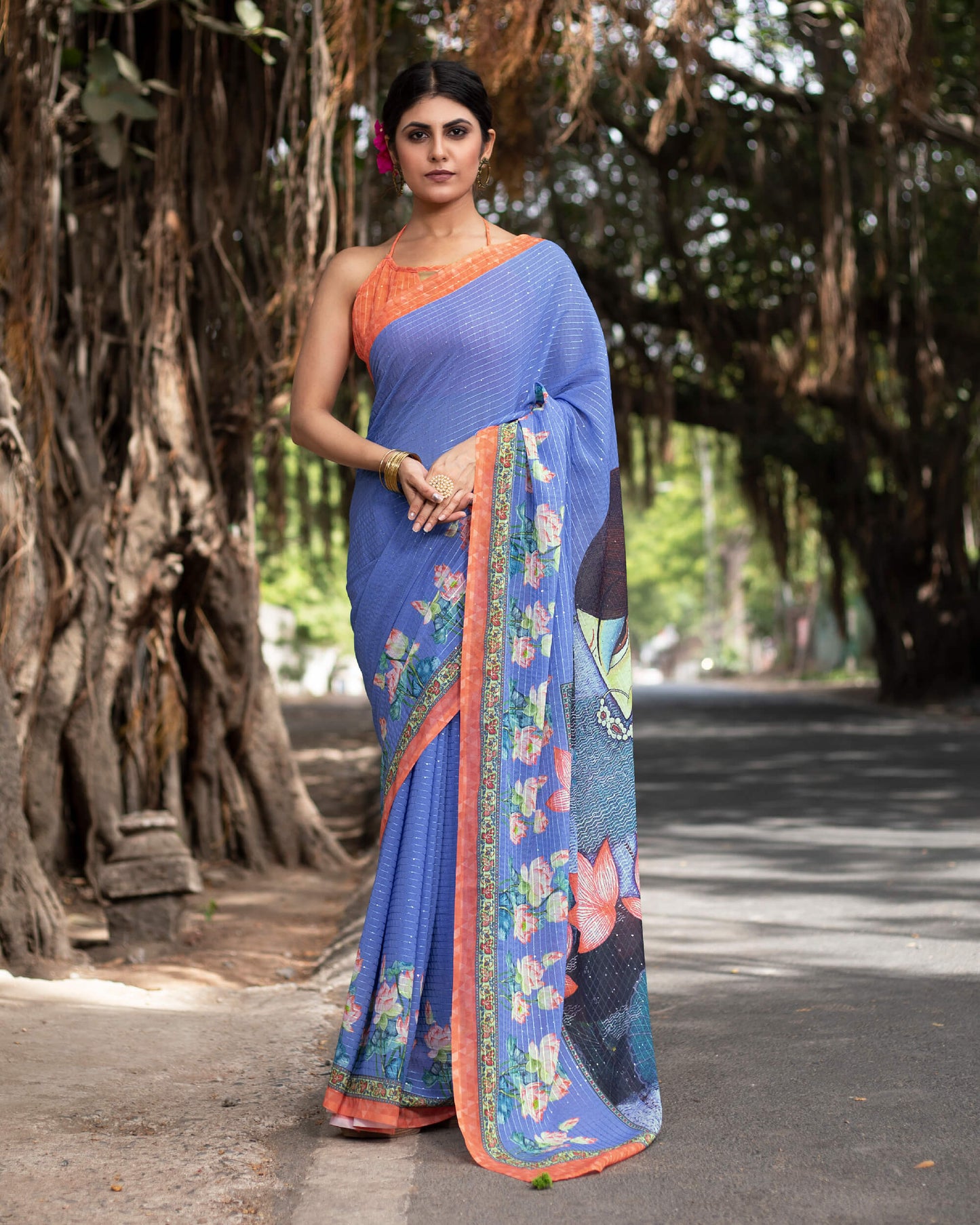 Cornflower Blue and Salmon Orange Quirky Pattern Premium Sequins Georgette Saree With Tassels