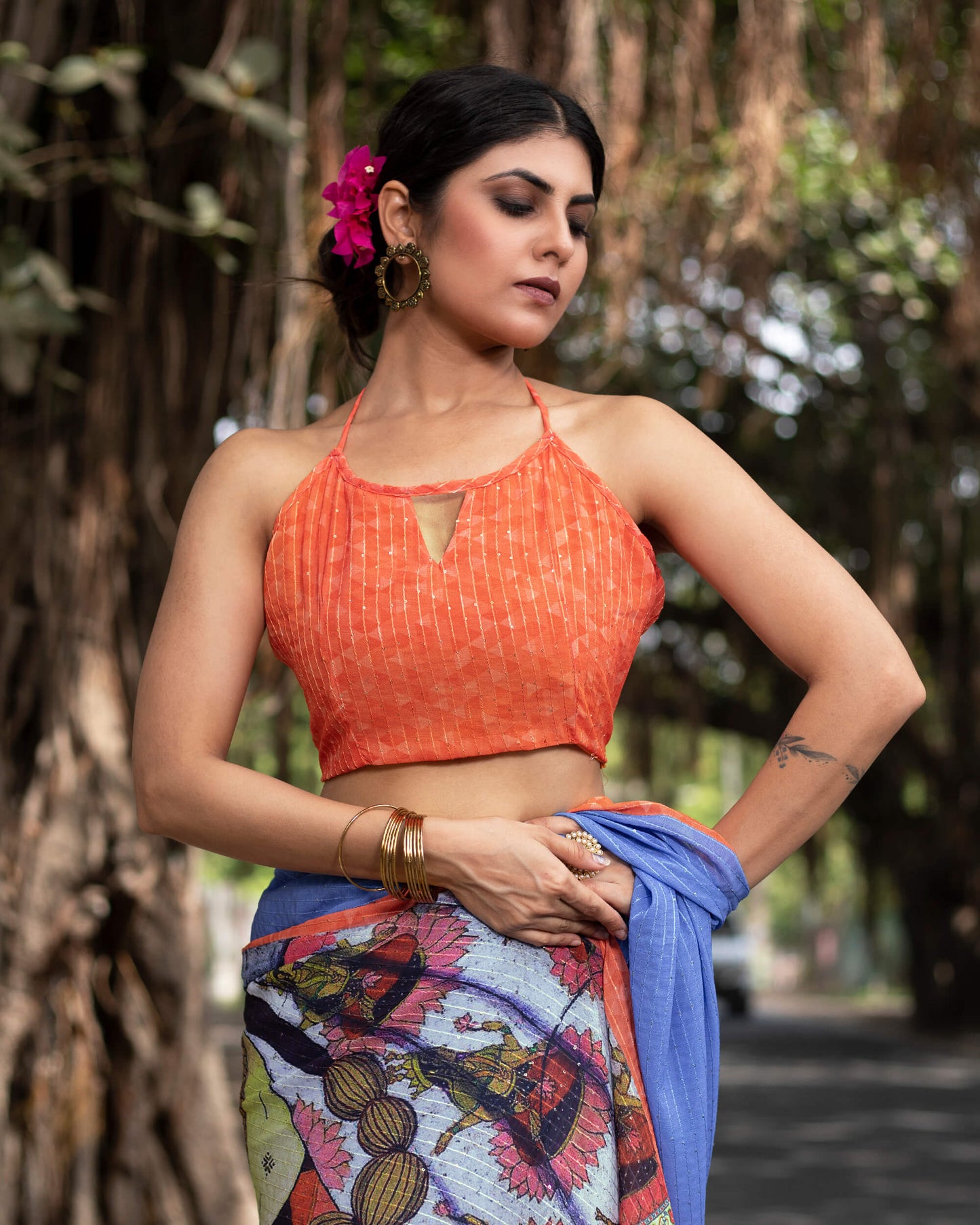 Cornflower Blue and Salmon Orange Quirky Pattern Premium Sequins Georgette Saree With Tassels