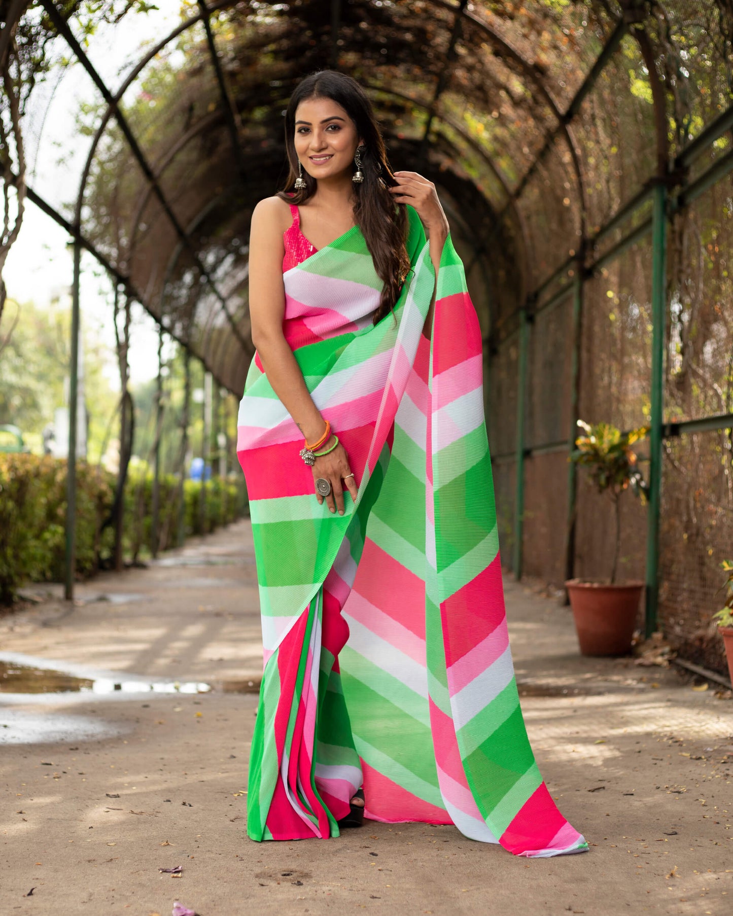 Cerise Red And Green Leheriya Pattern Digital Print Georgette Pleated Saree