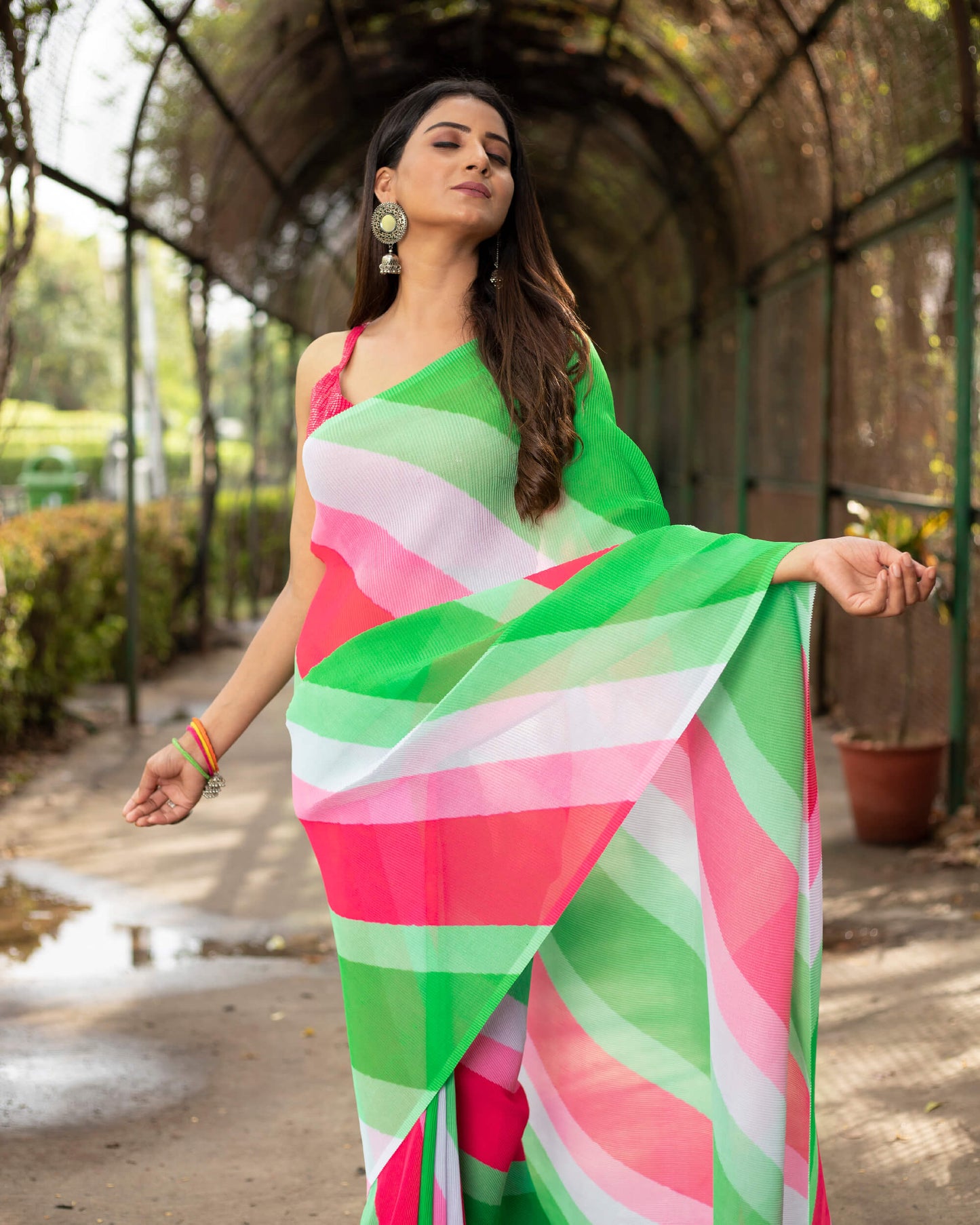 Cerise Red And Green Leheriya Pattern Digital Print Georgette Pleated Saree