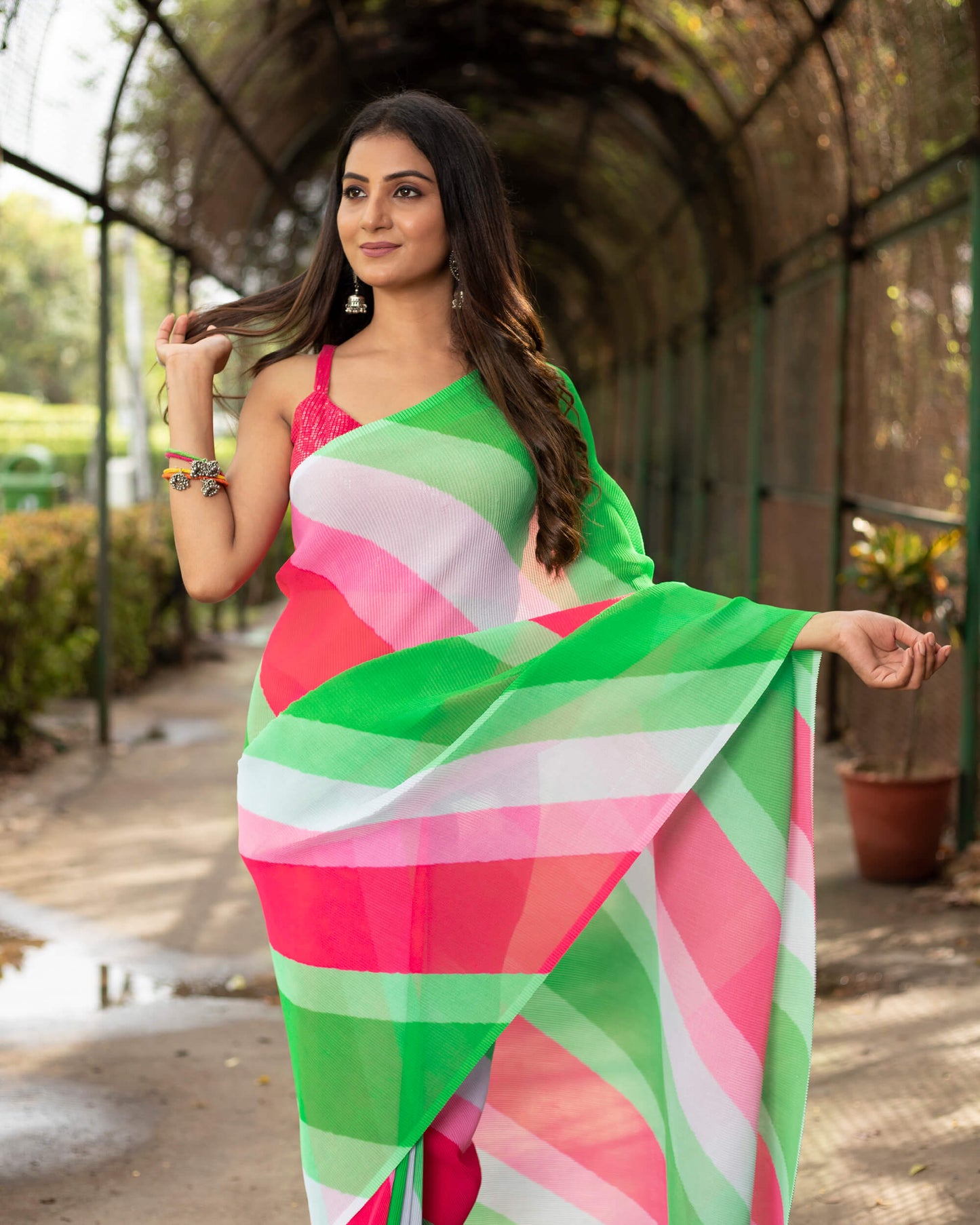 Cerise Red And Green Leheriya Pattern Digital Print Georgette Pleated Saree