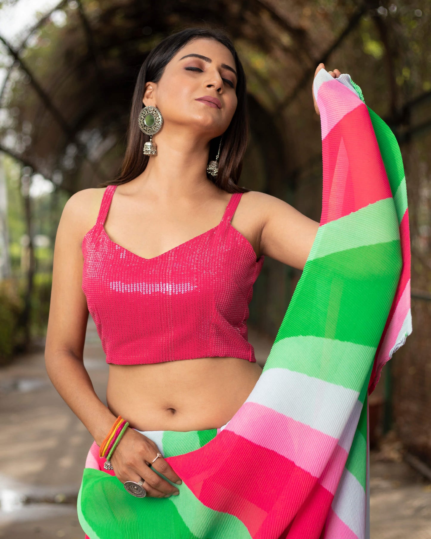 Cerise Red And Green Leheriya Pattern Digital Print Georgette Pleated Saree