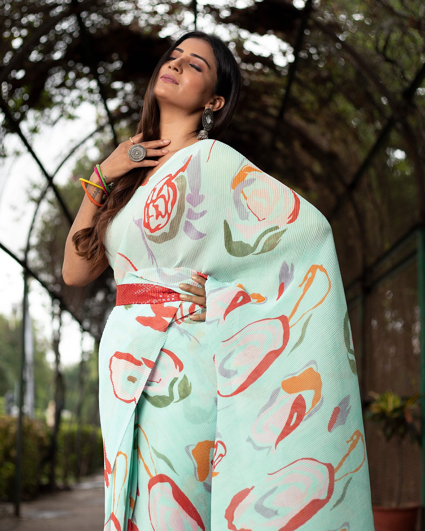 Baby Blue And Vermilion Red Quirky Pattern Digital Print Georgette Pleated Saree