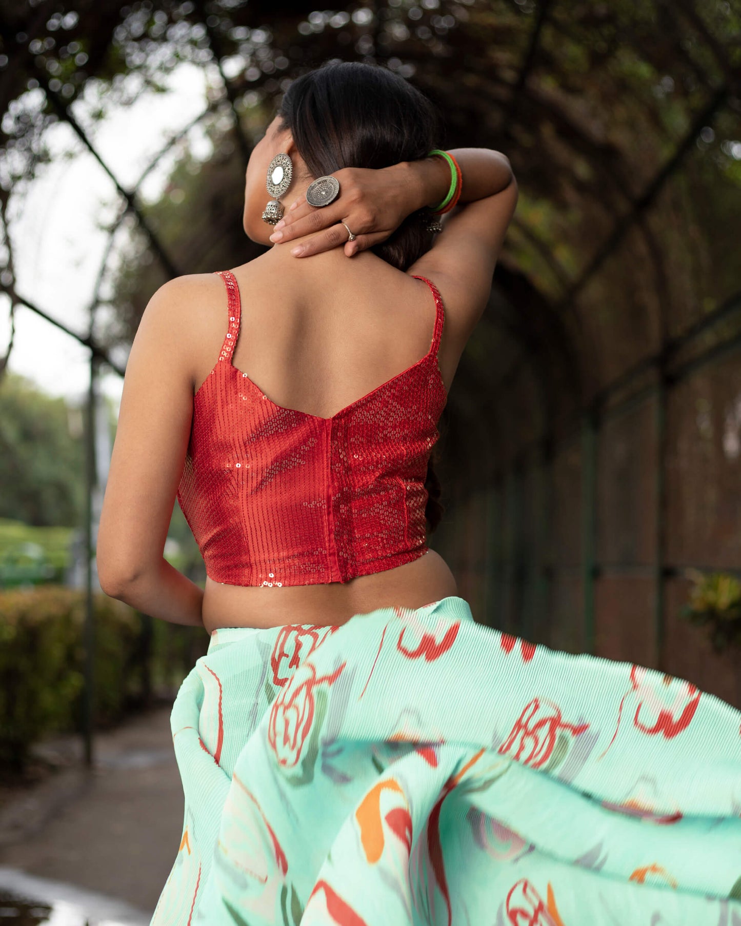 Baby Blue And Vermilion Red Quirky Pattern Digital Print Georgette Pleated Saree