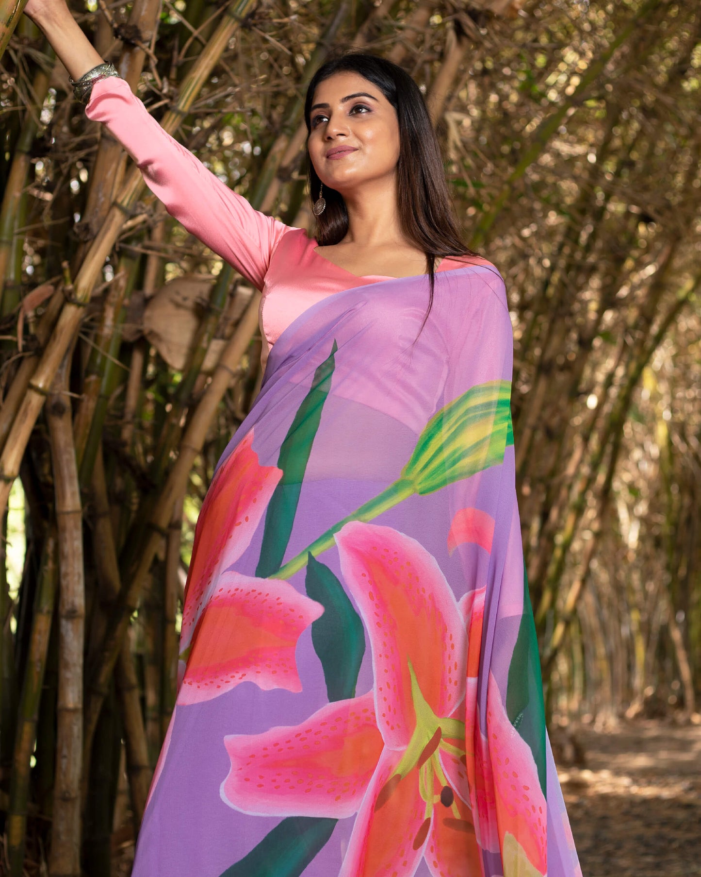 Lilac Purple And Red Floral Pattern Digital Print Georgette Saree