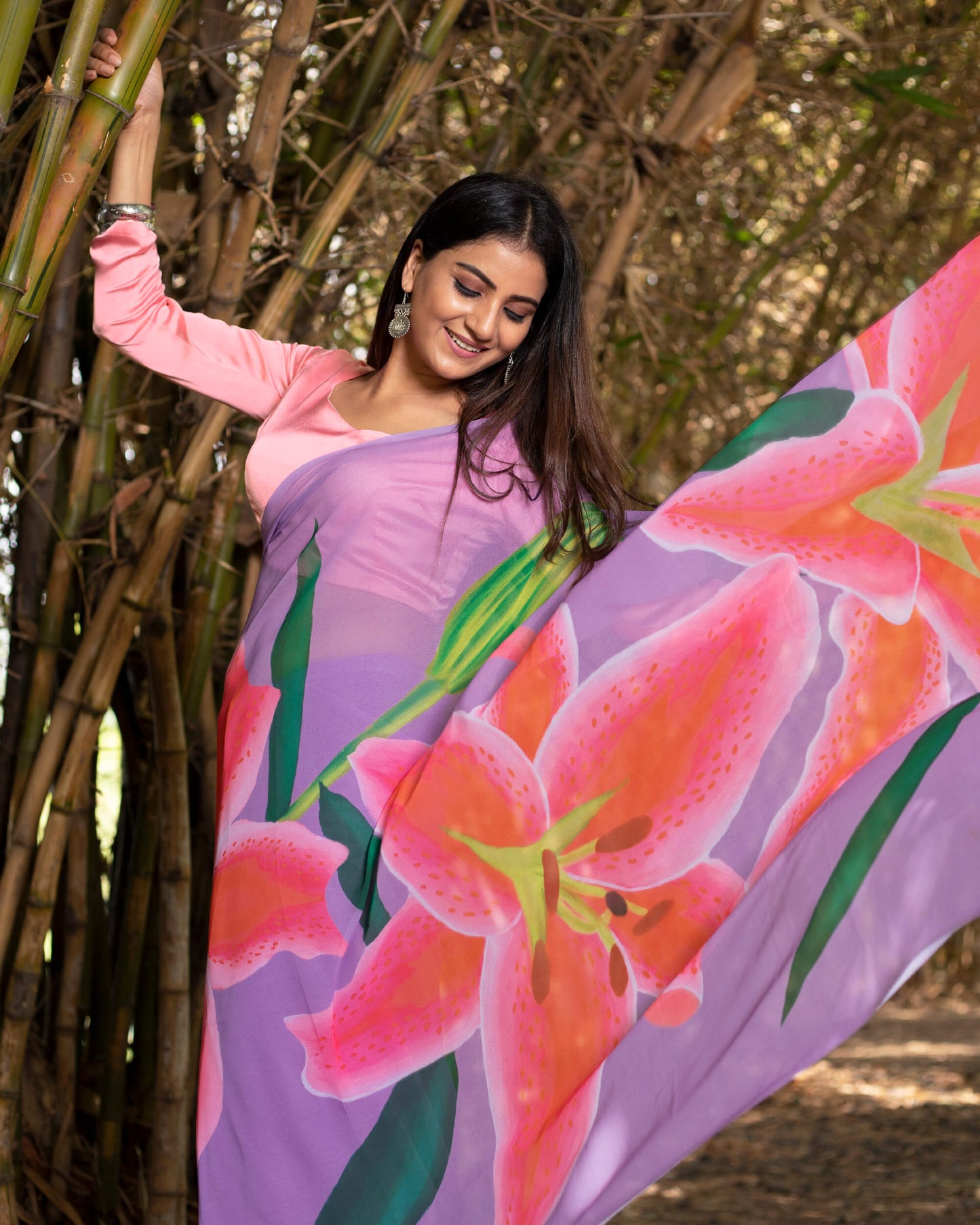 Lilac Purple And Red Floral Pattern Digital Print Georgette Saree