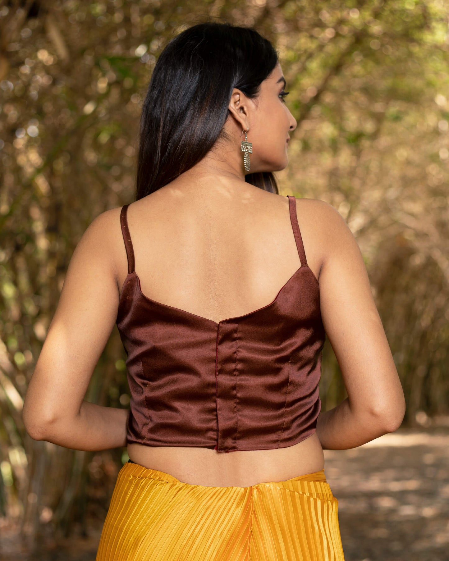 Mustard Yellow And Maroon Abstract Pattern Half Digital Print Japan Satin Pleated Saree