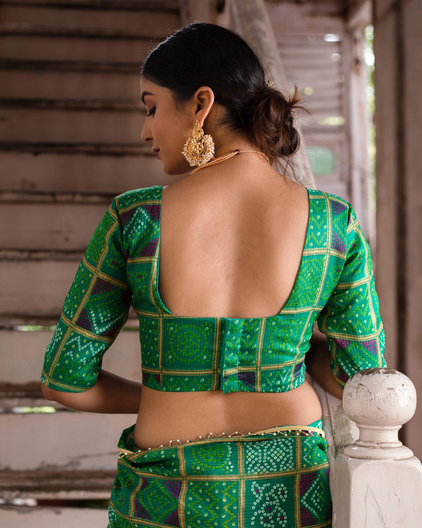 Forest Green And Purple Bandhanii Pattern Kota Doria Saree With Pearl Work Lace Border