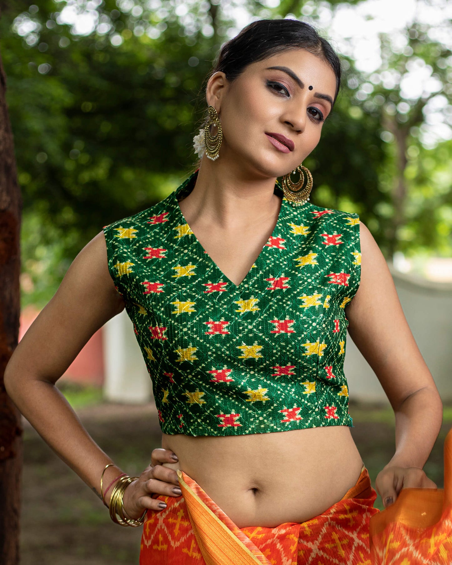 Green Patolaa Pattern Digital Print Chanderi Saree With Zari Broder