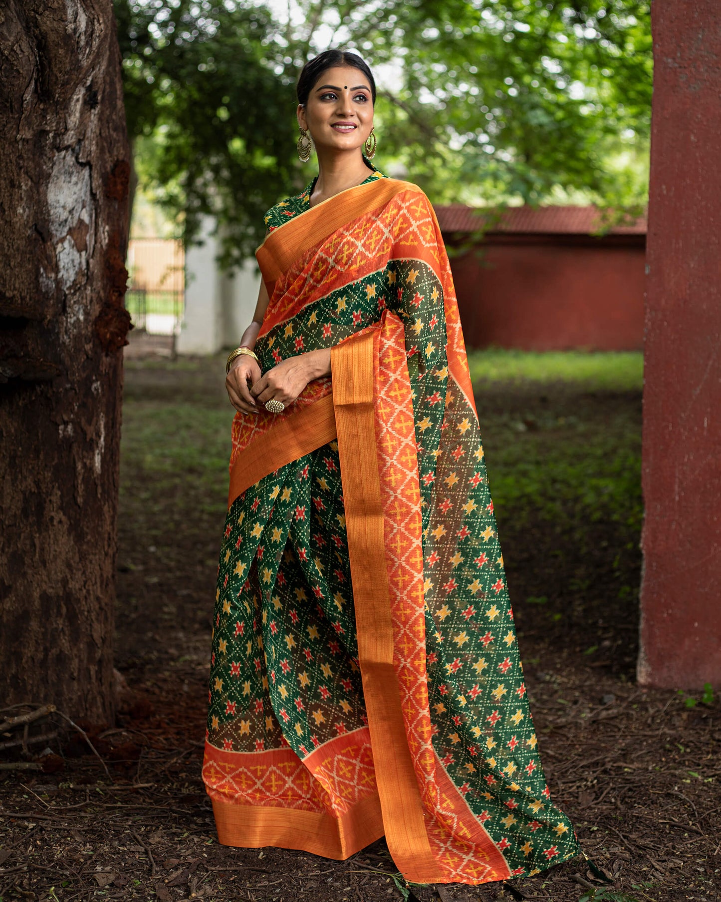 Green Patolaa Pattern Digital Print Chanderi Saree With Zari Broder