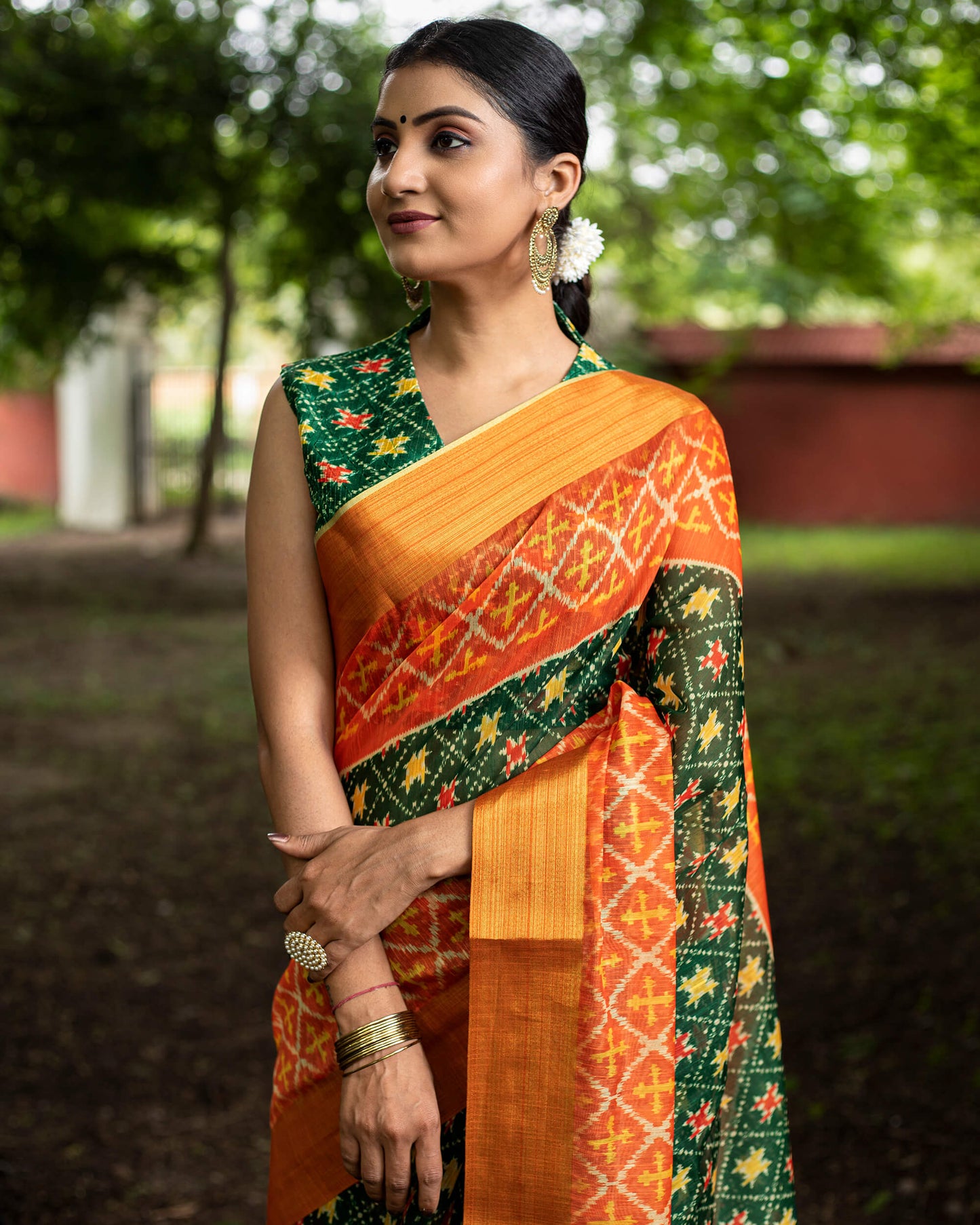 Green Patolaa Pattern Digital Print Chanderi Saree With Zari Broder