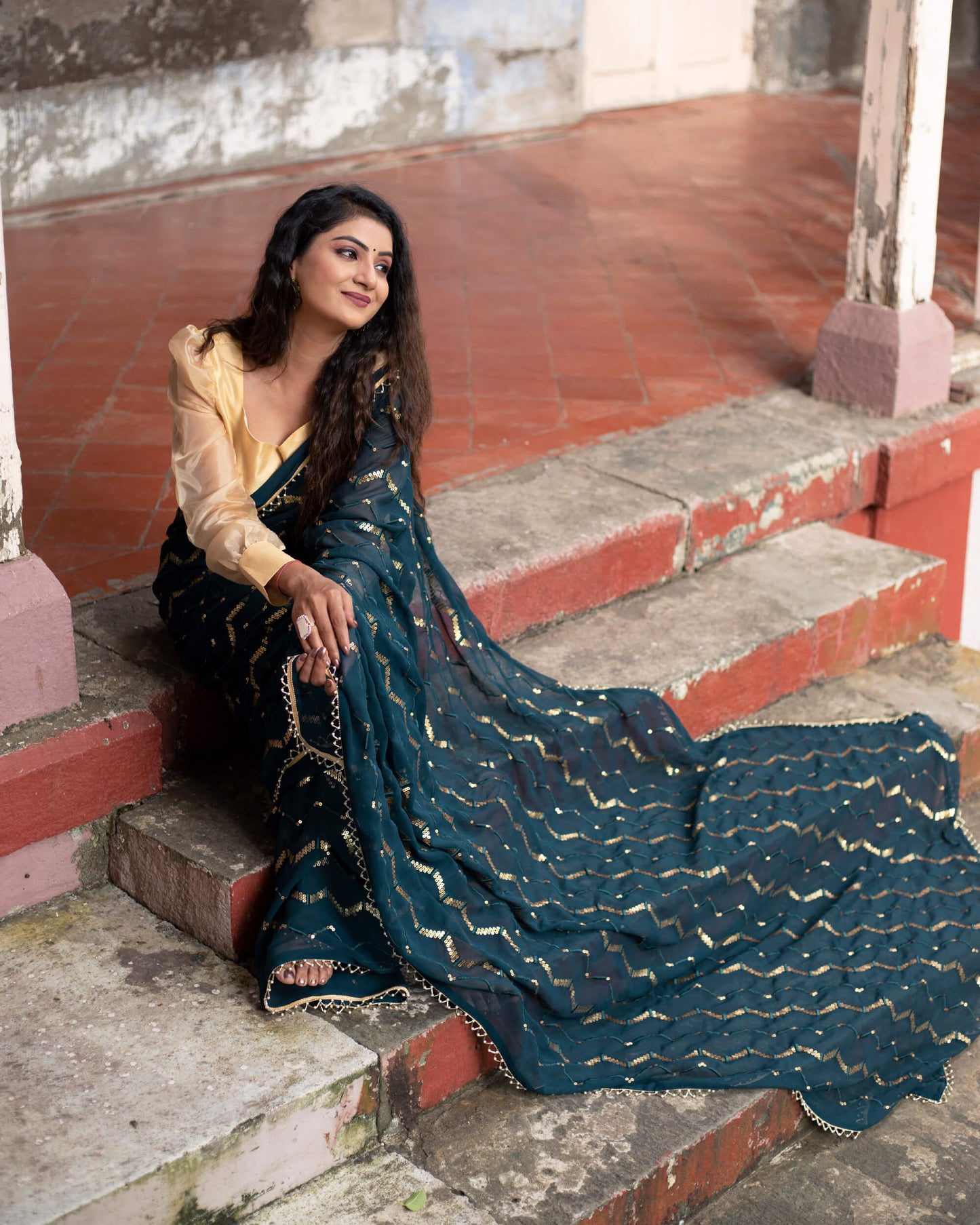 Peacock Blue Chevron Premium Sequins Georgette Saree with Pearl Work Lace Border