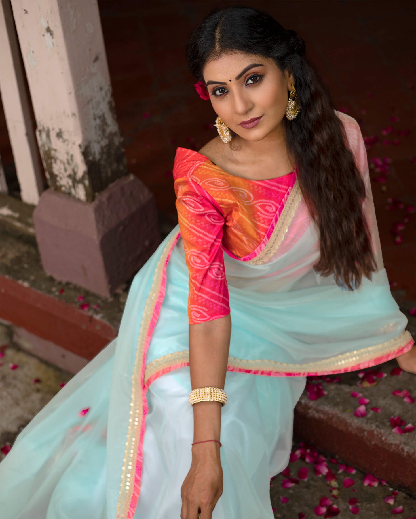 Pastel Blue Plain Liquid Organza Saree With Bandhani Lace