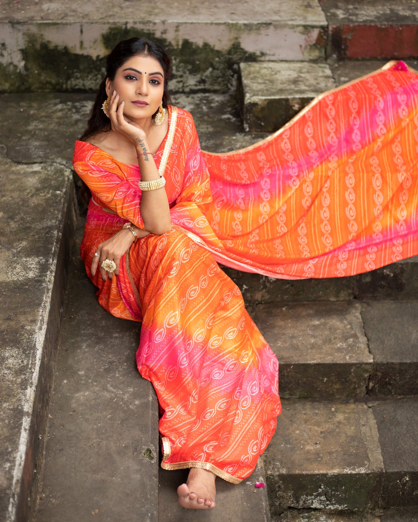 Candy Red And Carrot Orange Bandhanii Pattern Digital Print Crepe Silk Saree With Sequins Lace