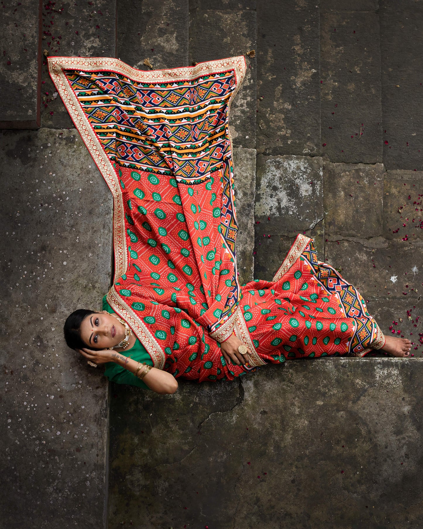 Barn Red And Green Bandhanii Pattern Digital Print Georgette Saree With Premium Lace
