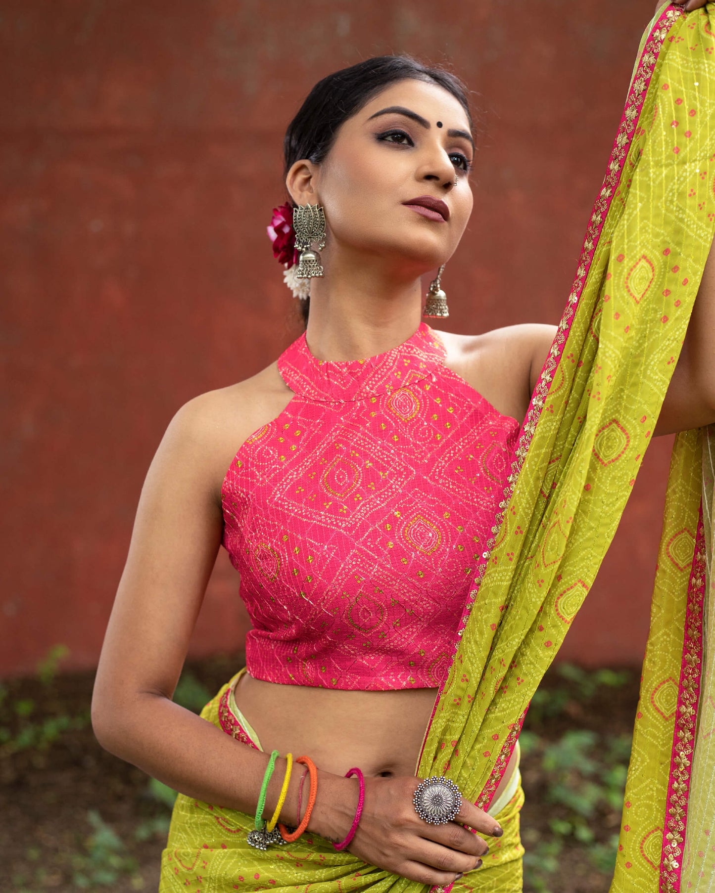 Olive Green And Pink Bandhanii Pattern Sequins Georgette Saree With Lace Border