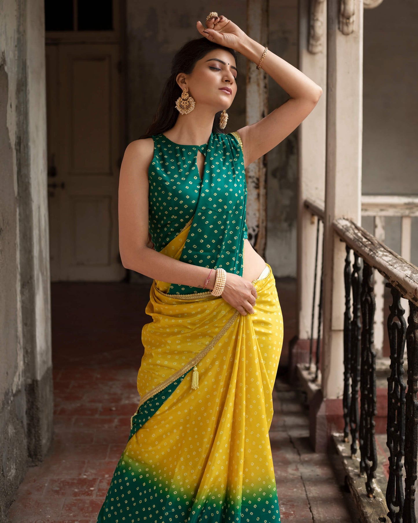 Yellow And Prussian Green Bandhani Pattern Digital Print Crepe Silk Saree With Lace Border