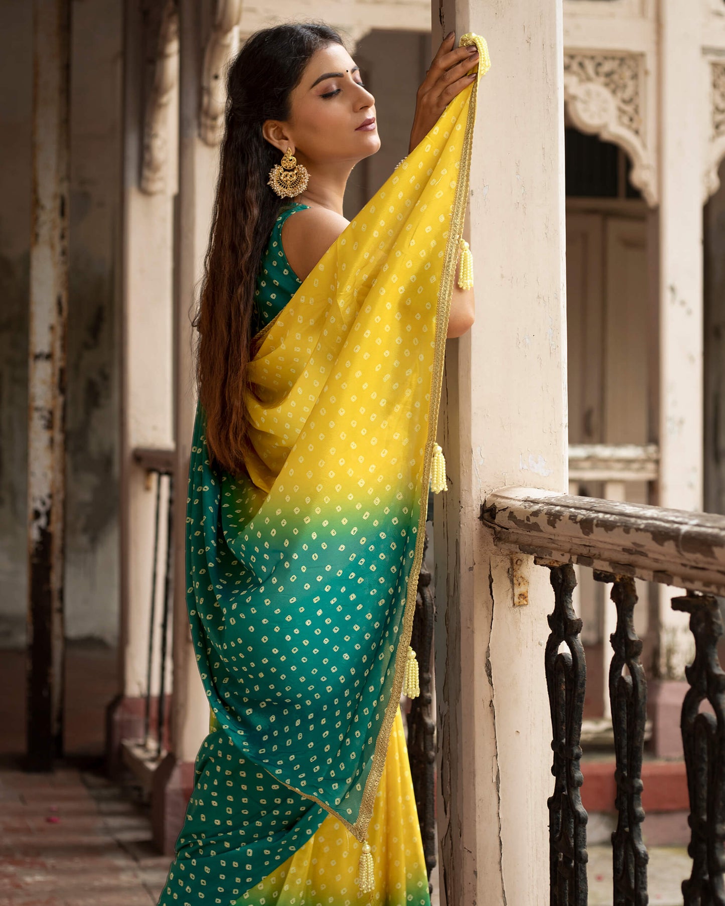 Yellow And Prussian Green Bandhanii Pattern Digital Print Crepe Silk Saree With Lace Border