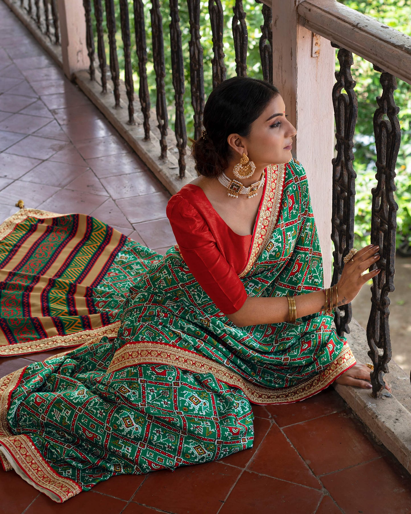 Green Patolaa Pattern Digital Print Georgette Satin Saree With Premium Lace