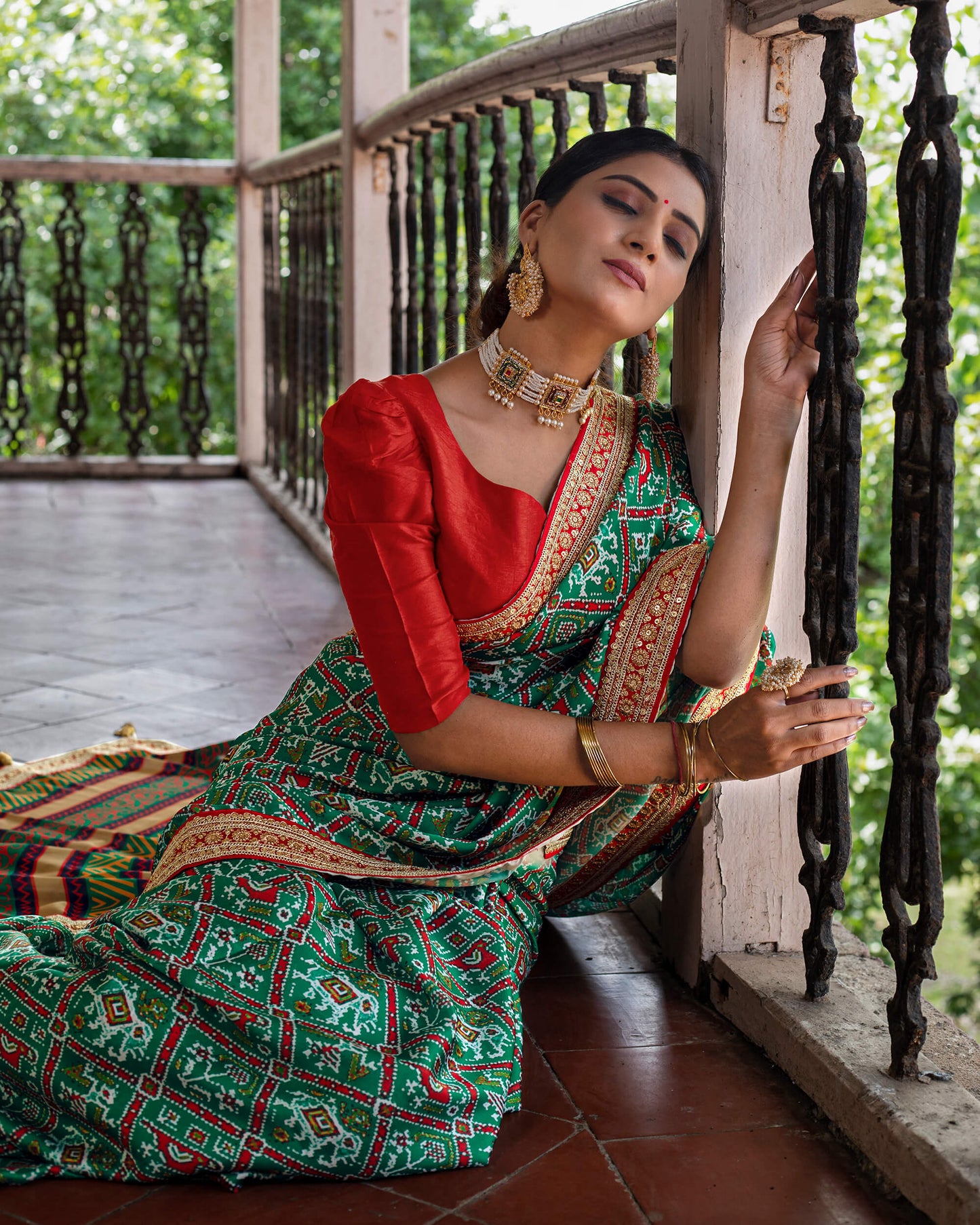 Green Patolaa Pattern Digital Print Georgette Satin Saree With Premium Lace