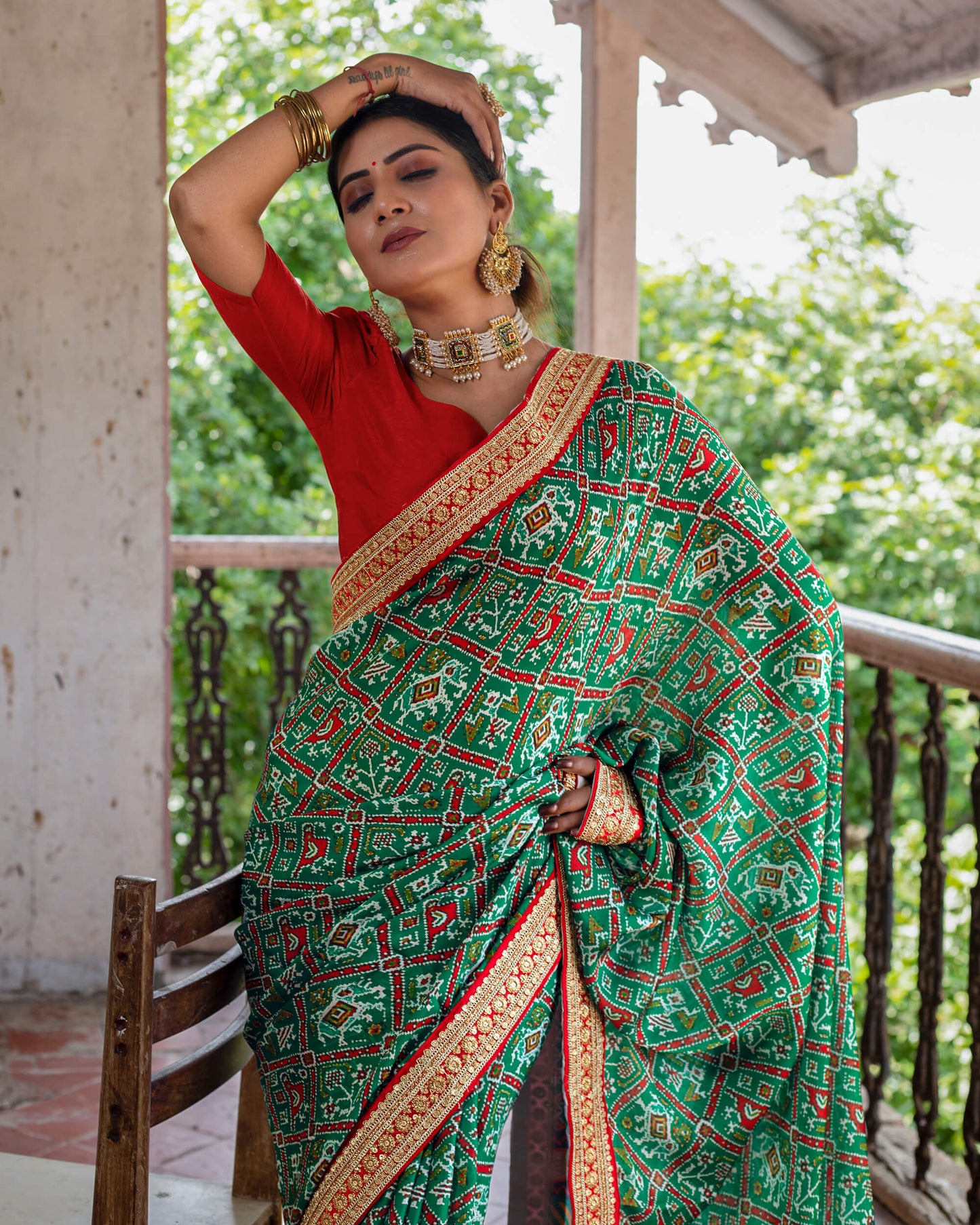 Green Patolaa Pattern Digital Print Georgette Satin Saree With Premium Lace