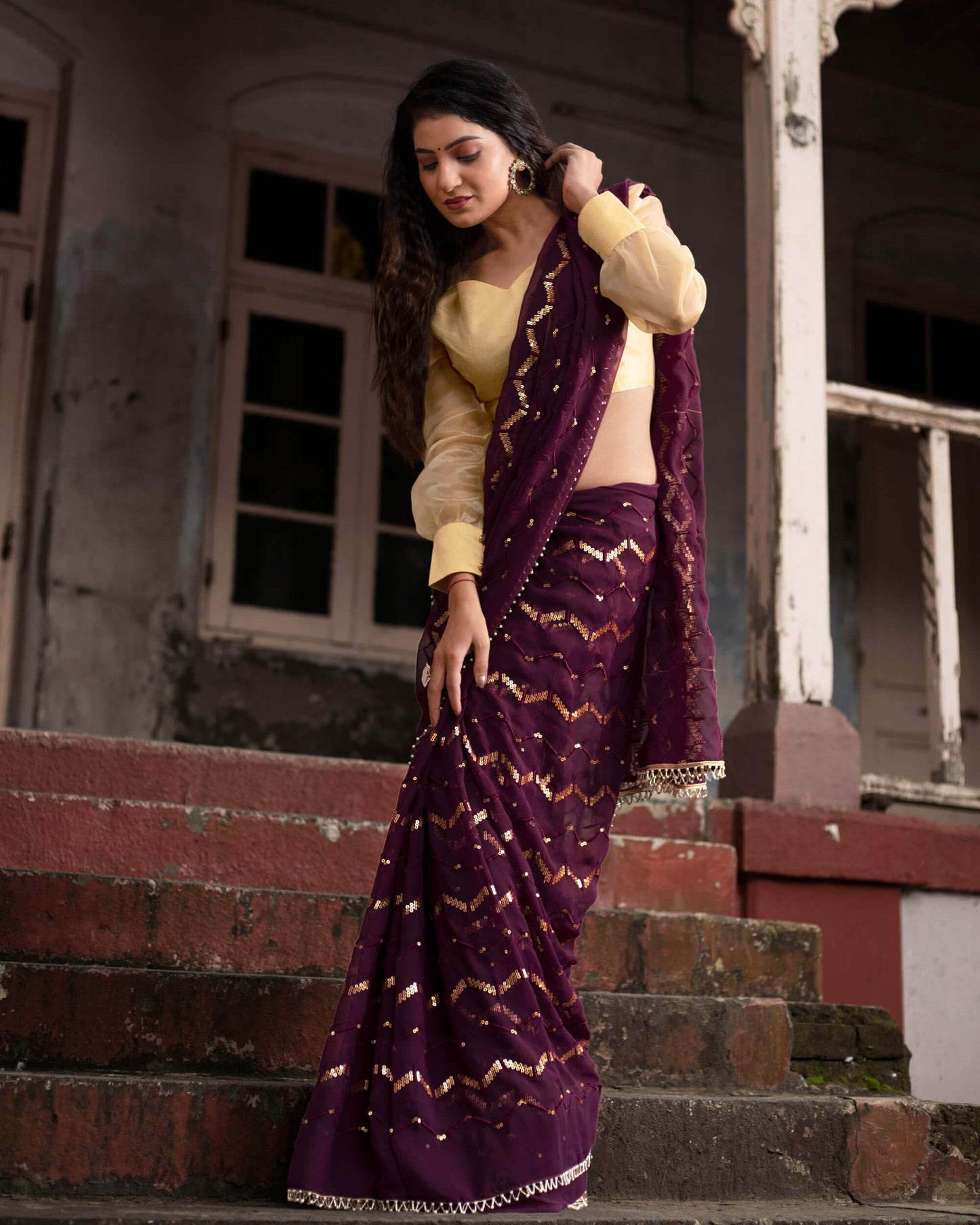 Wine Purple Chevron Pattern Sequins Georgette Saree with Pearl Work Lace Border