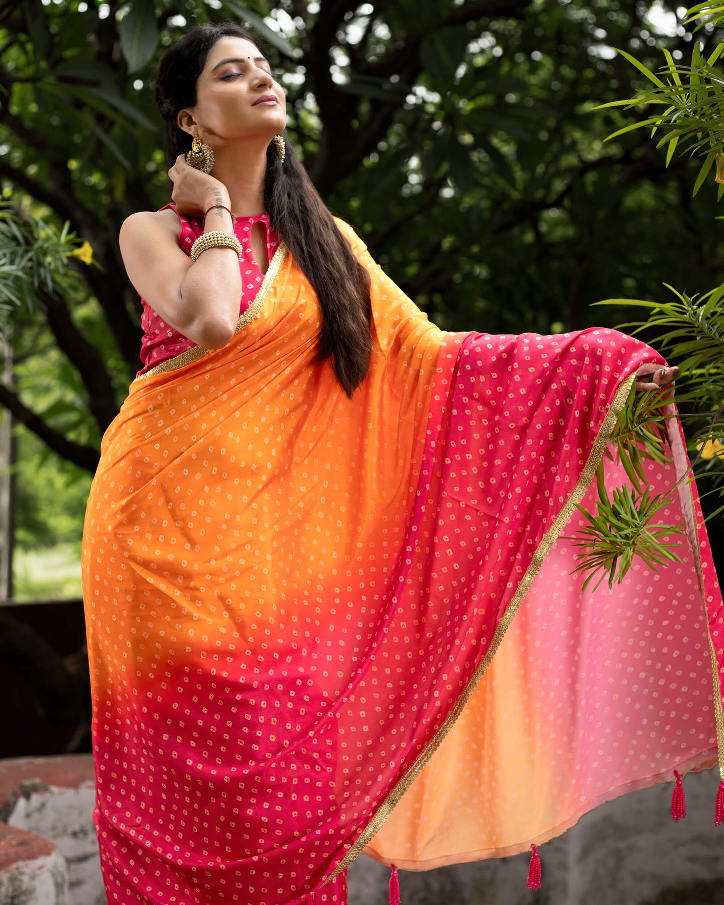 Apricot Orange And Magenta Pink Bandhanii Pattern Digital Print Crepe Silk Saree With Lace Border