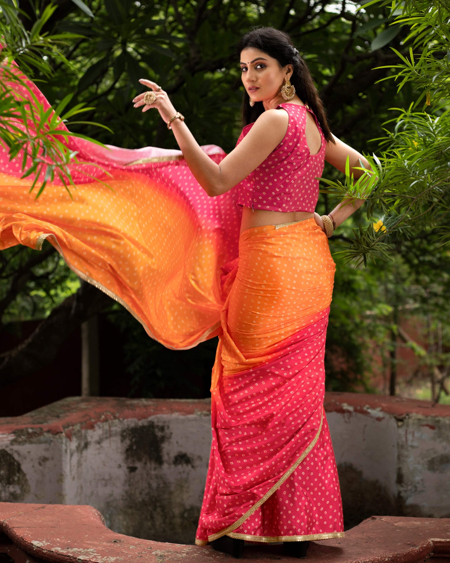 Apricot Orange And Magenta Pink Bandhanii Pattern Digital Print Crepe Silk Saree With Lace Border