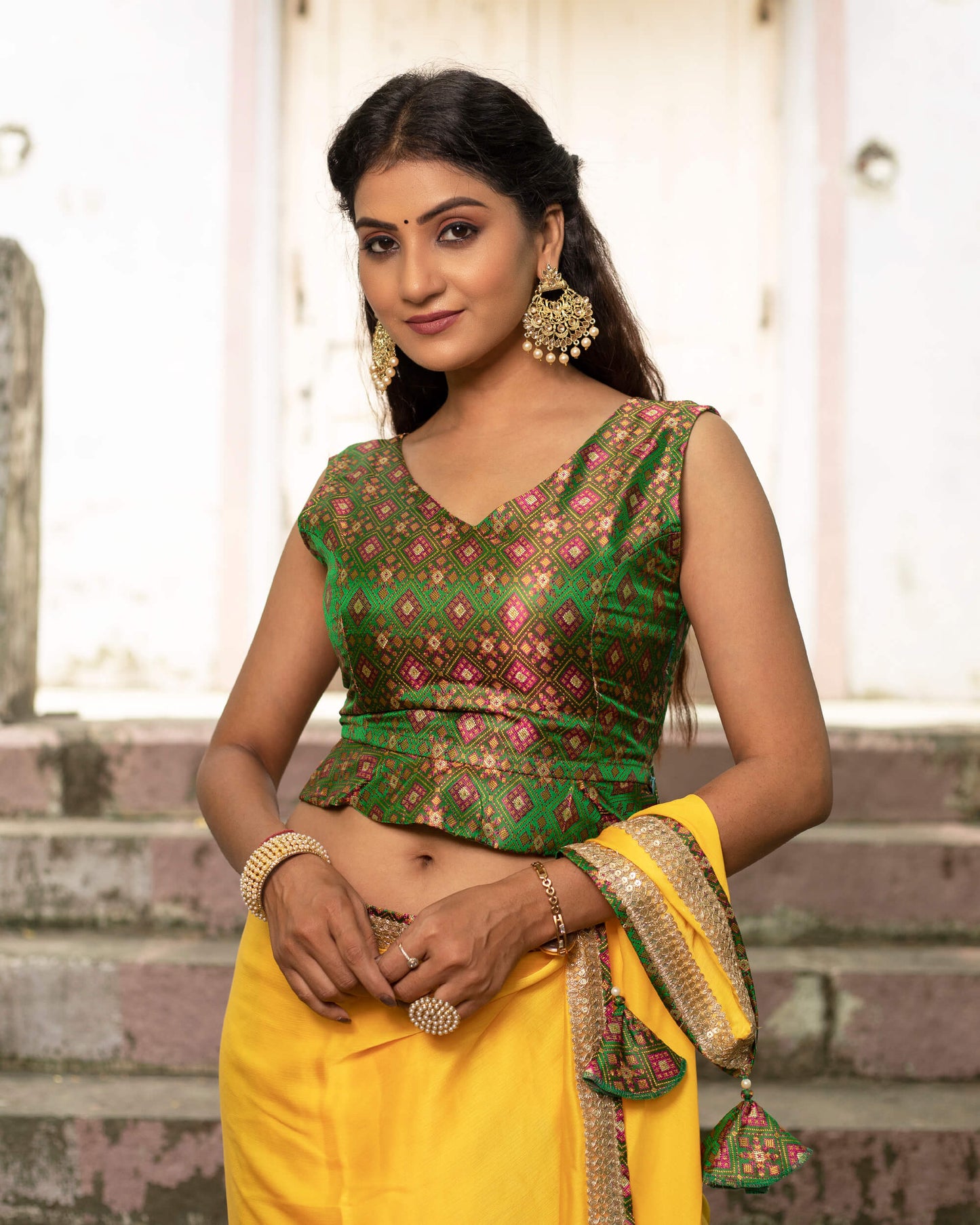 Yellow Plain Chiffon Satin Saree With Premium Bandhani Lace Border
