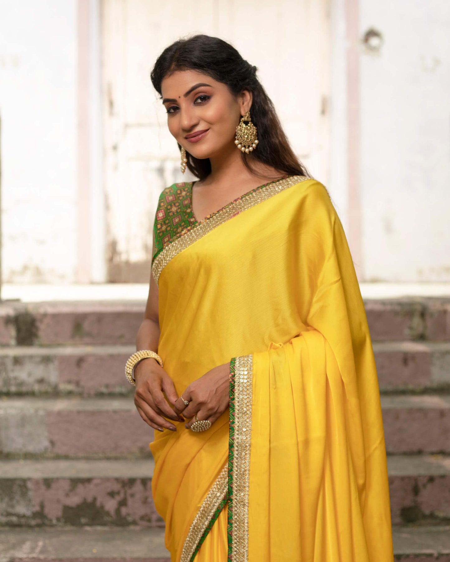 Yellow Plain Chiffon Satin Saree With Premium Bandhani Lace Border