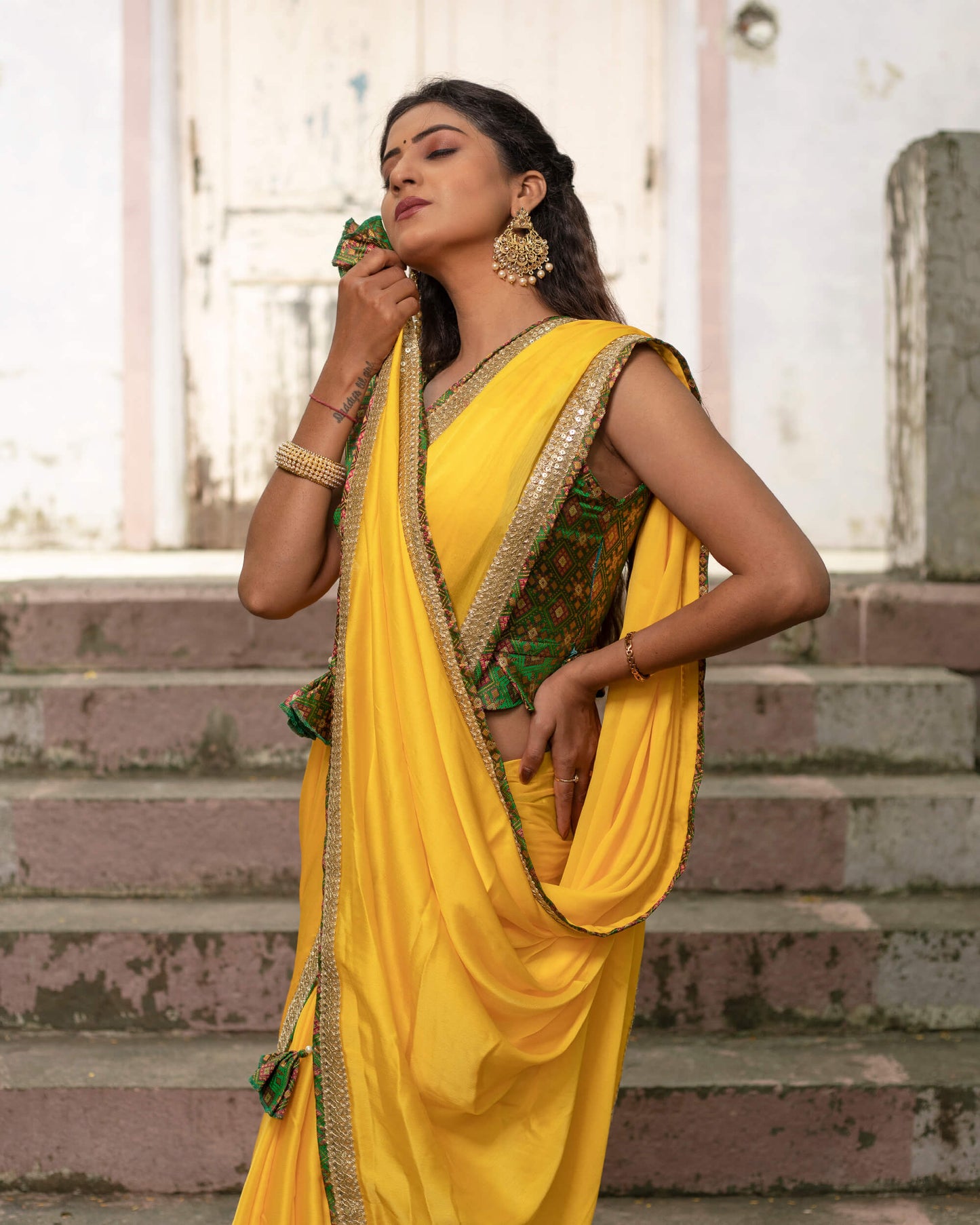 Yellow Plain Chiffon Satin Saree With Premium Bandhani Lace Border