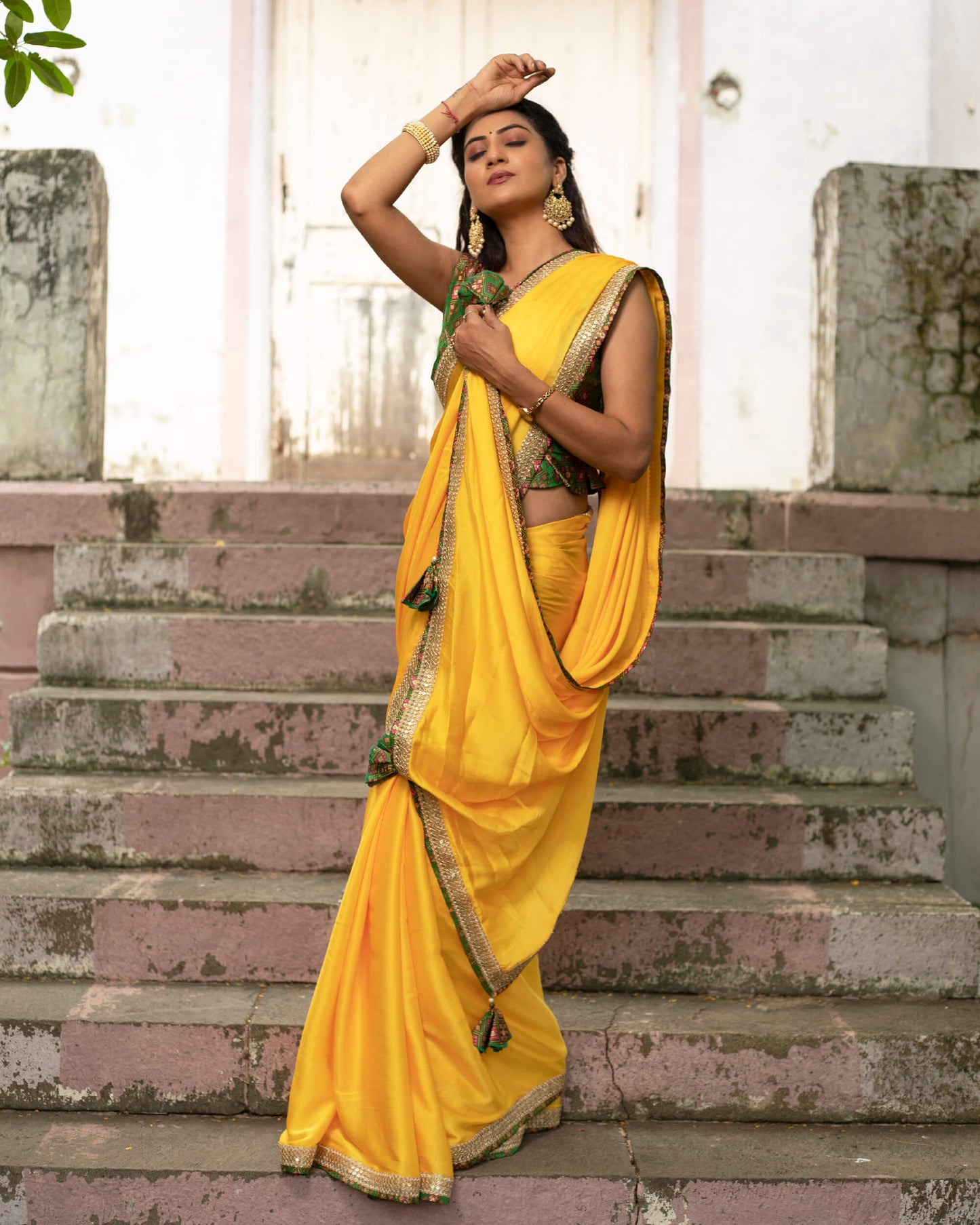 Yellow Plain Chiffon Satin Saree With Premium Bandhani Lace Border