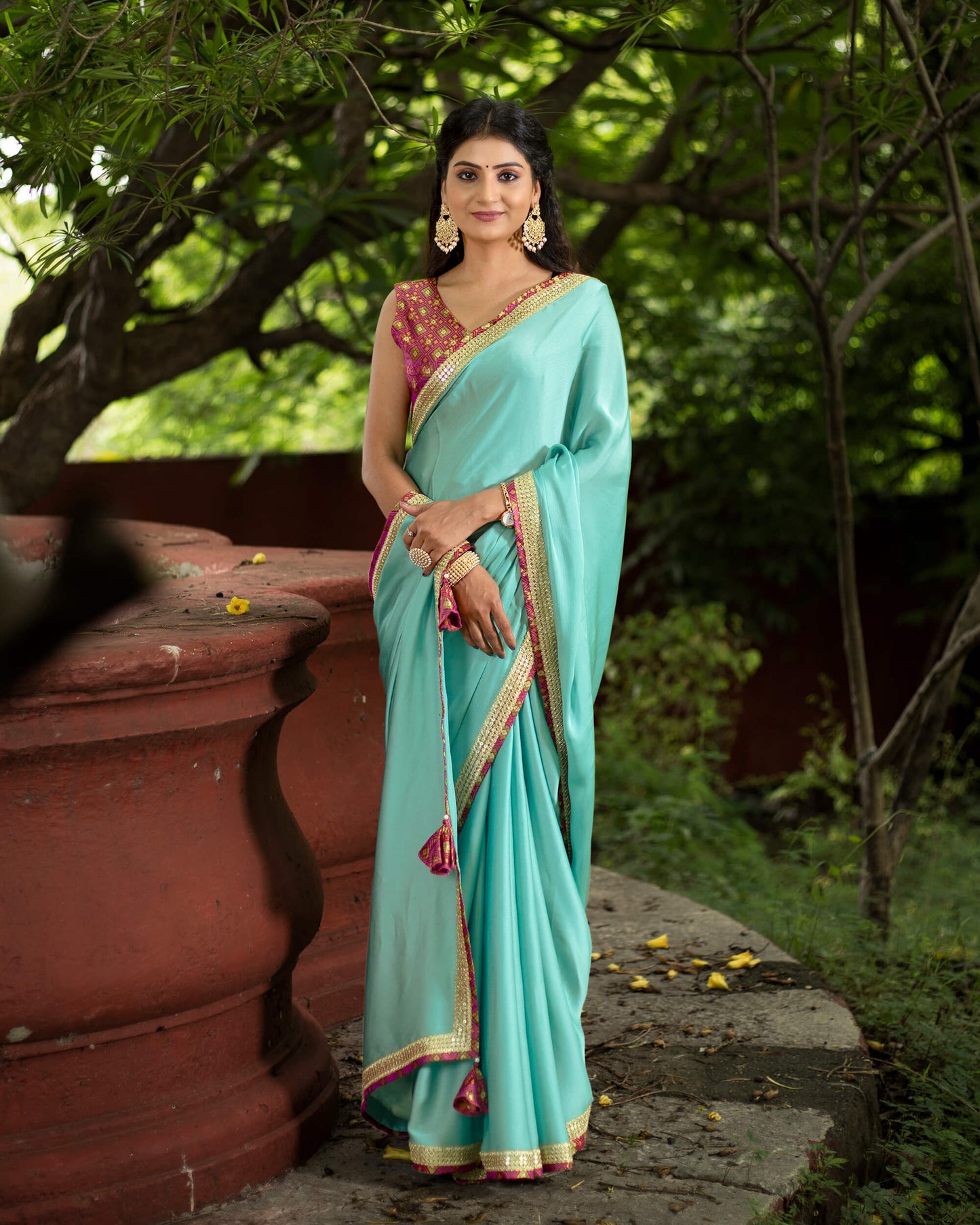 Turkish Blue Plain Chiffon Satin Saree With Premium Bandhani Lace Border